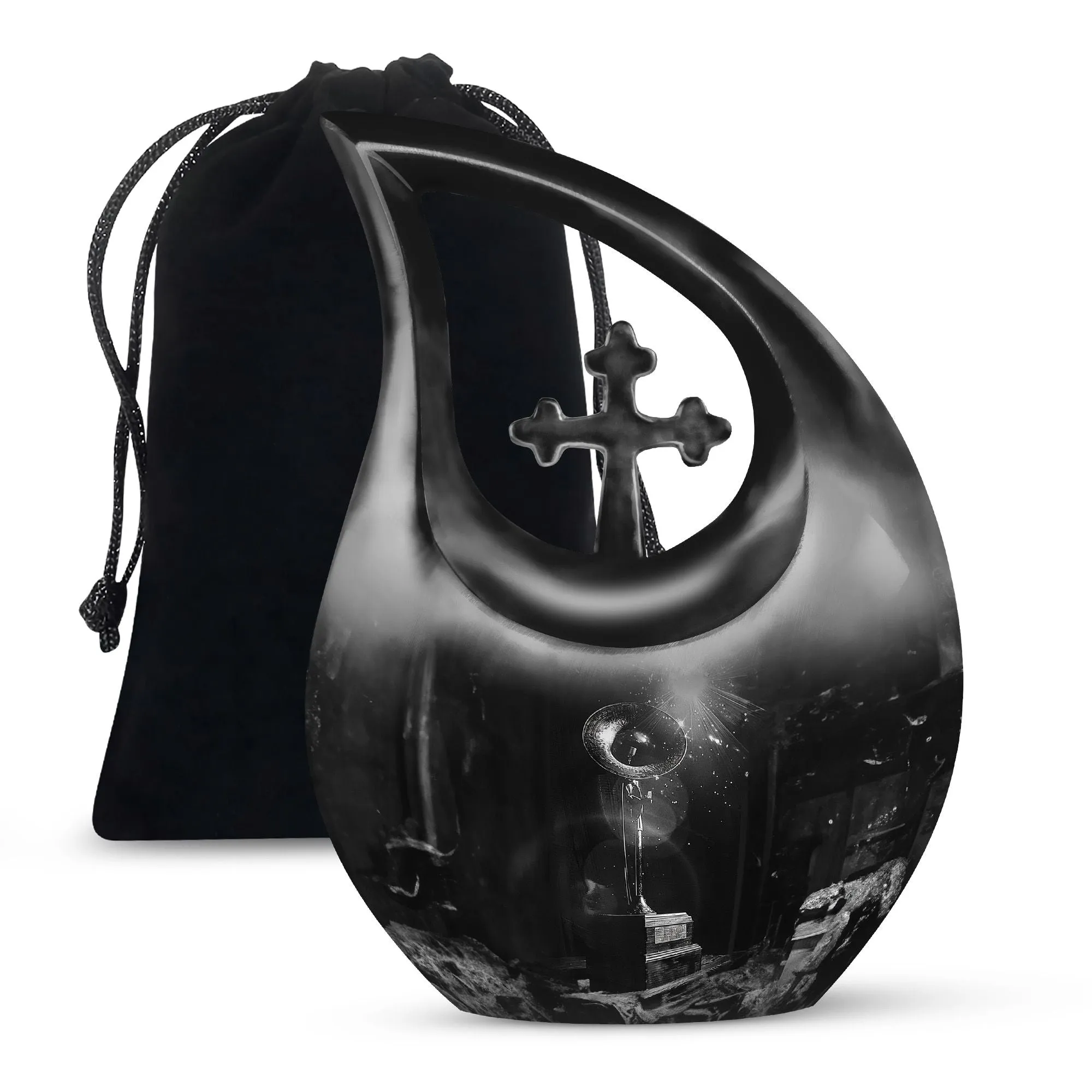 Cross Drop Gramophone Memorial Urn - Burial Vase for Human Ashes