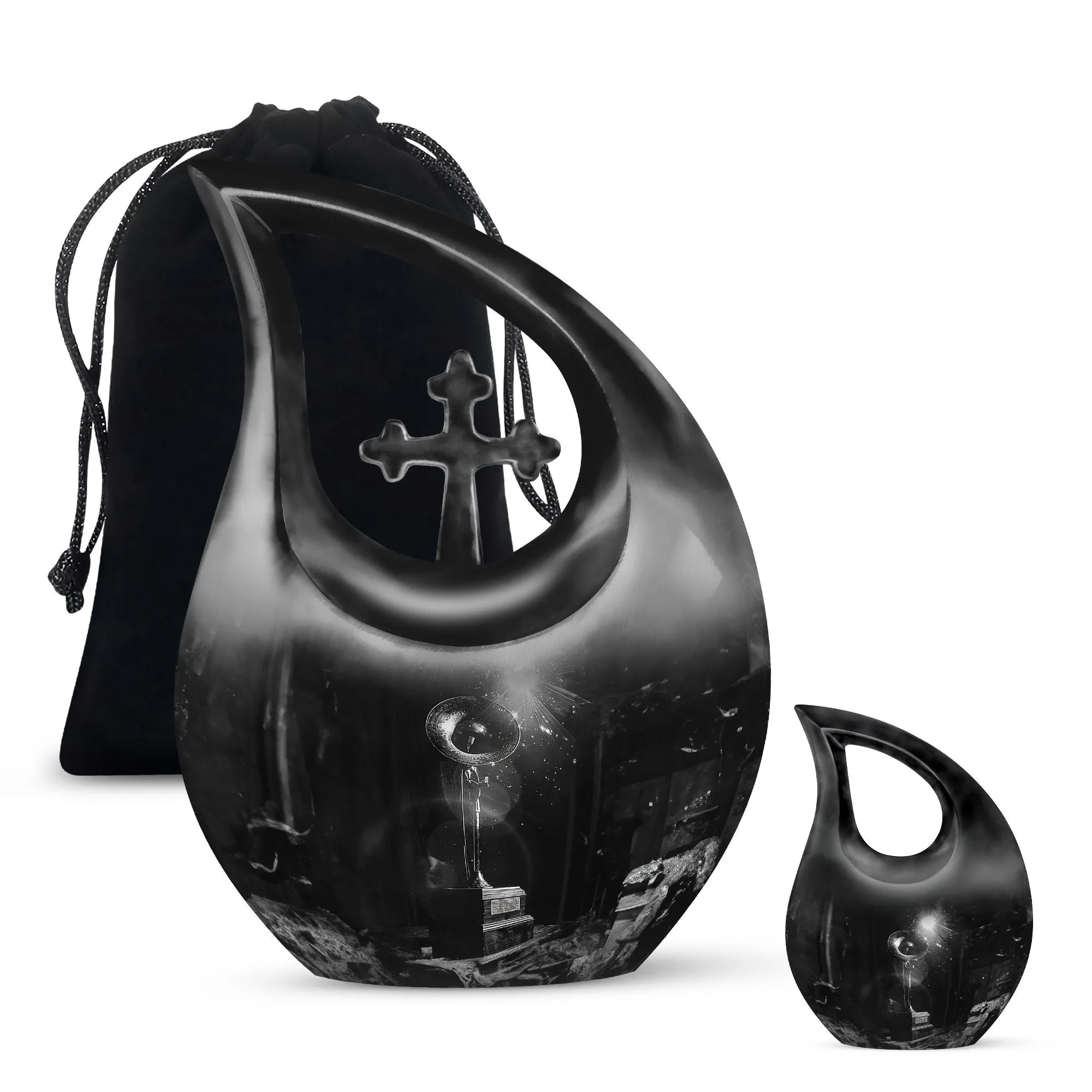 Cross Drop Gramophone Memorial Urn - Burial Vase for Human Ashes