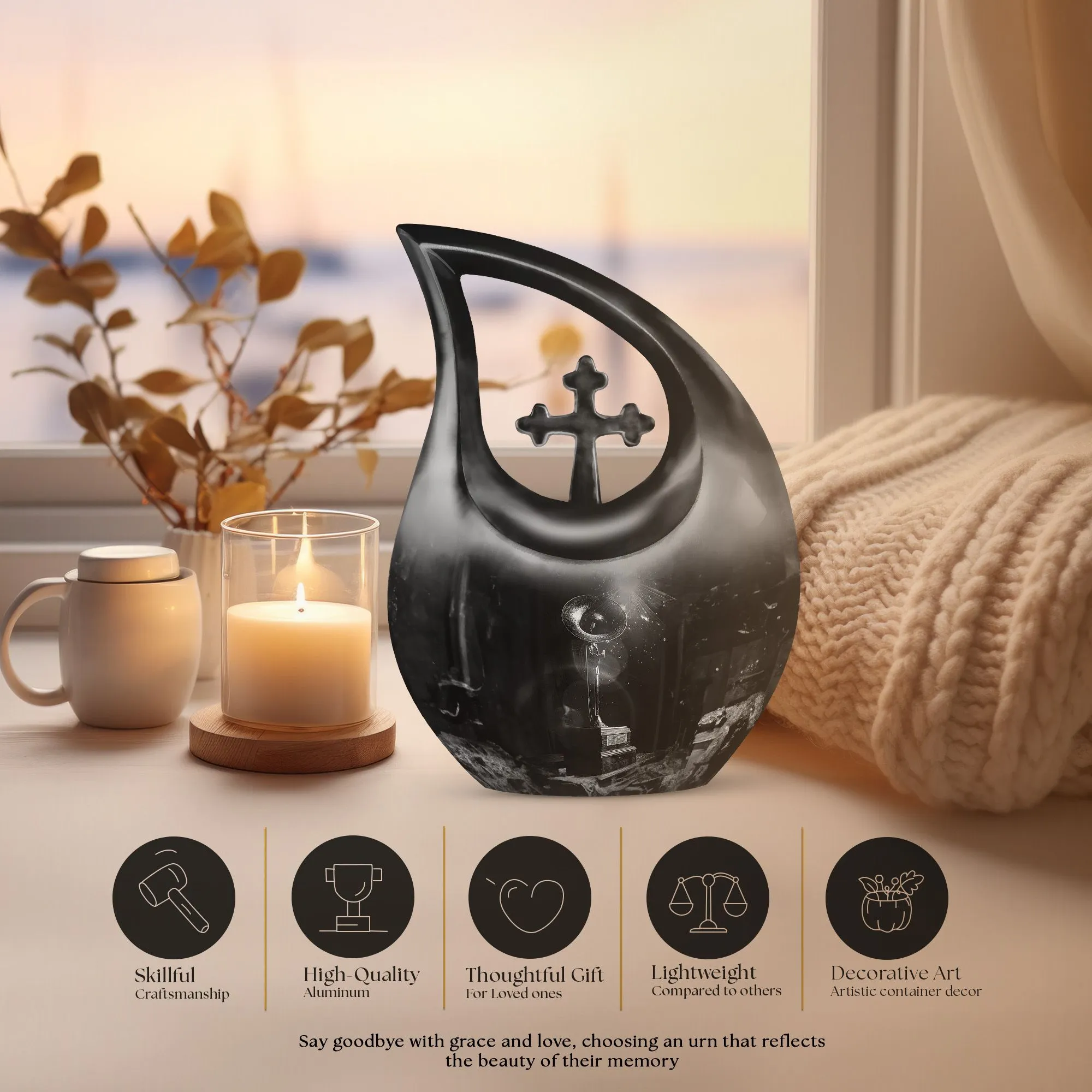 Cross Drop Gramophone Memorial Urn - Burial Vase for Human Ashes