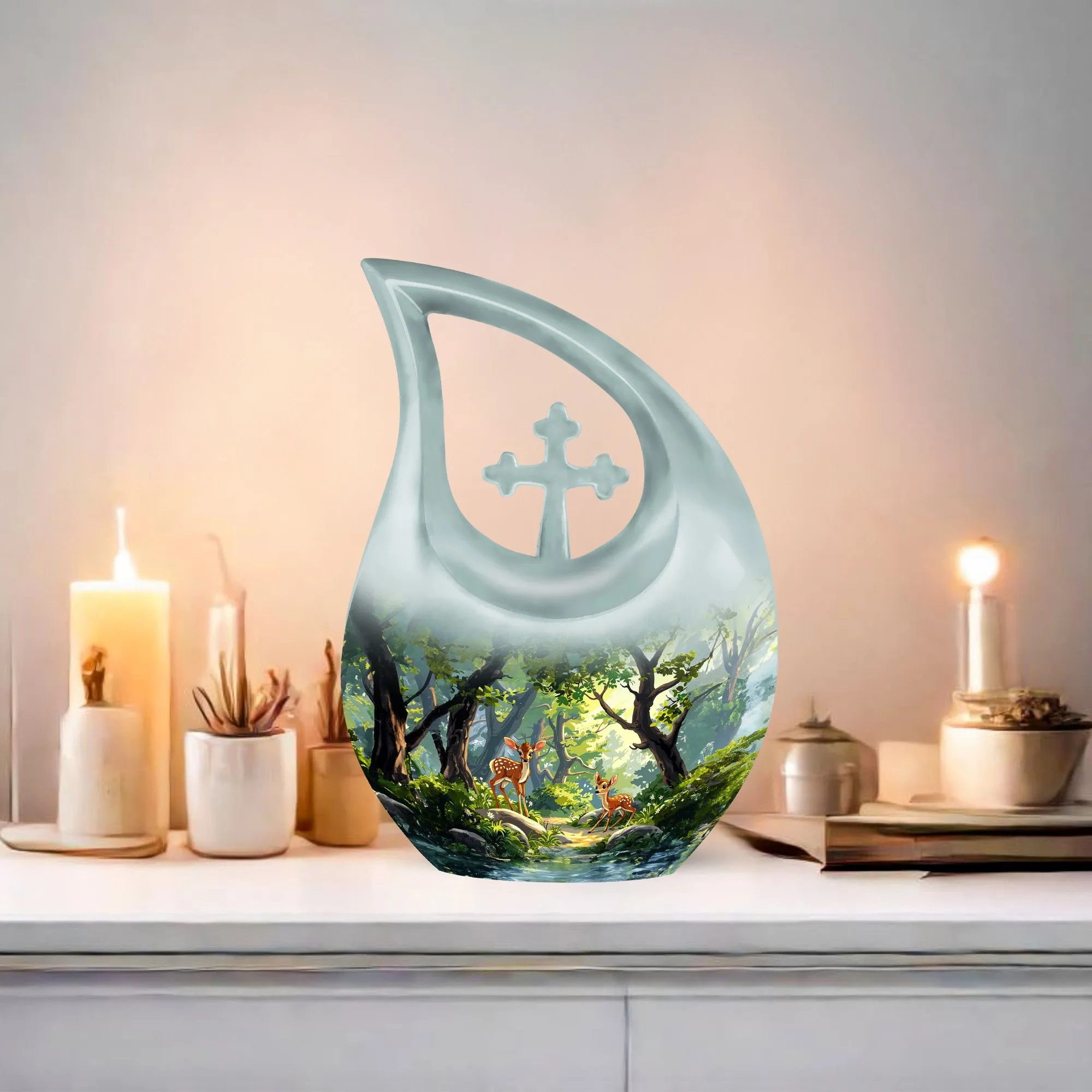 Deer Urn : Cross Drop Aluminium Memorial Urn For Human Ashes