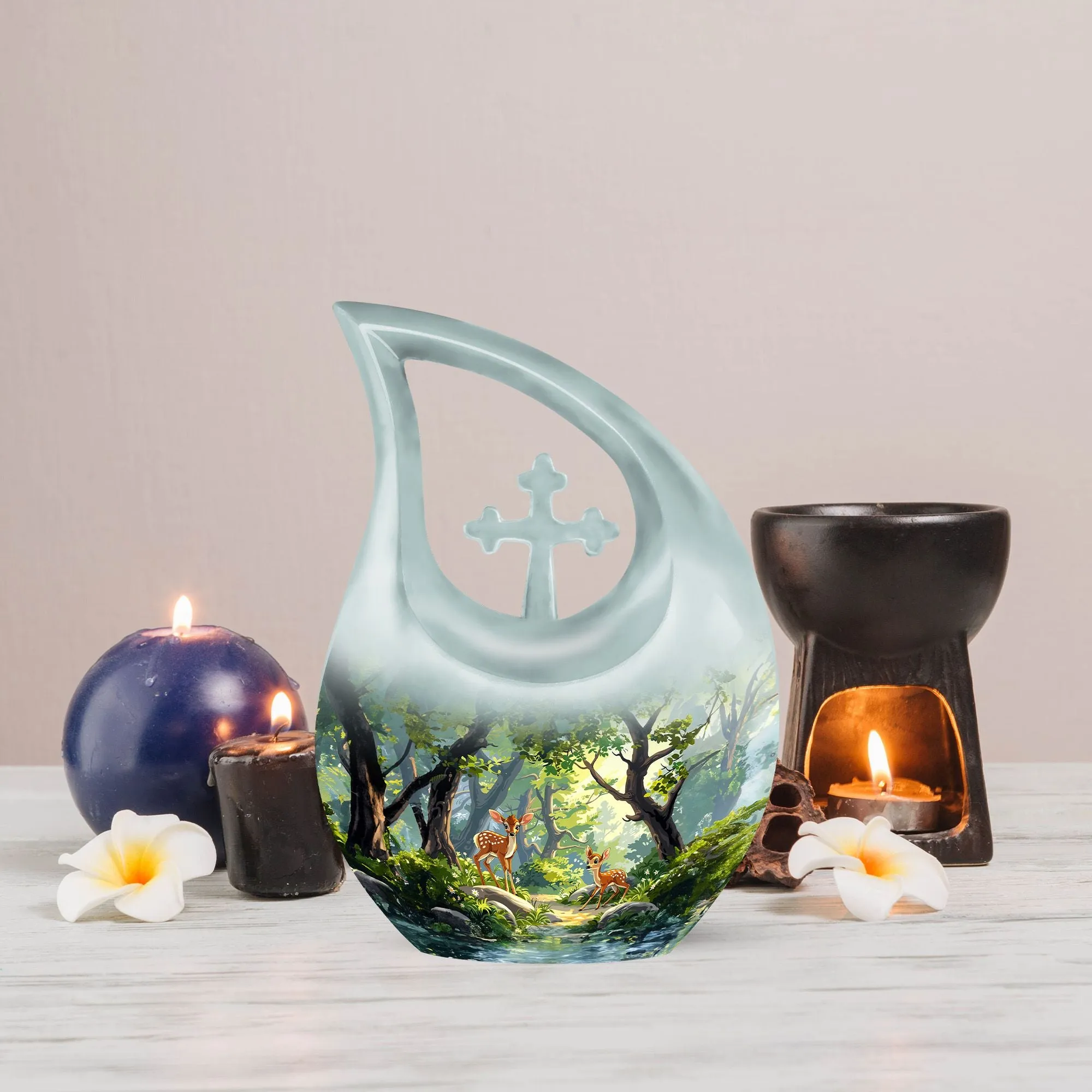 Deer Urn : Cross Drop Aluminium Memorial Urn For Human Ashes