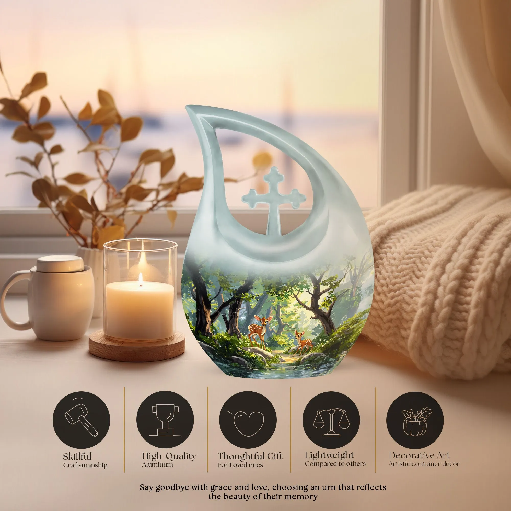 Deer Urn : Cross Drop Aluminium Memorial Urn For Human Ashes