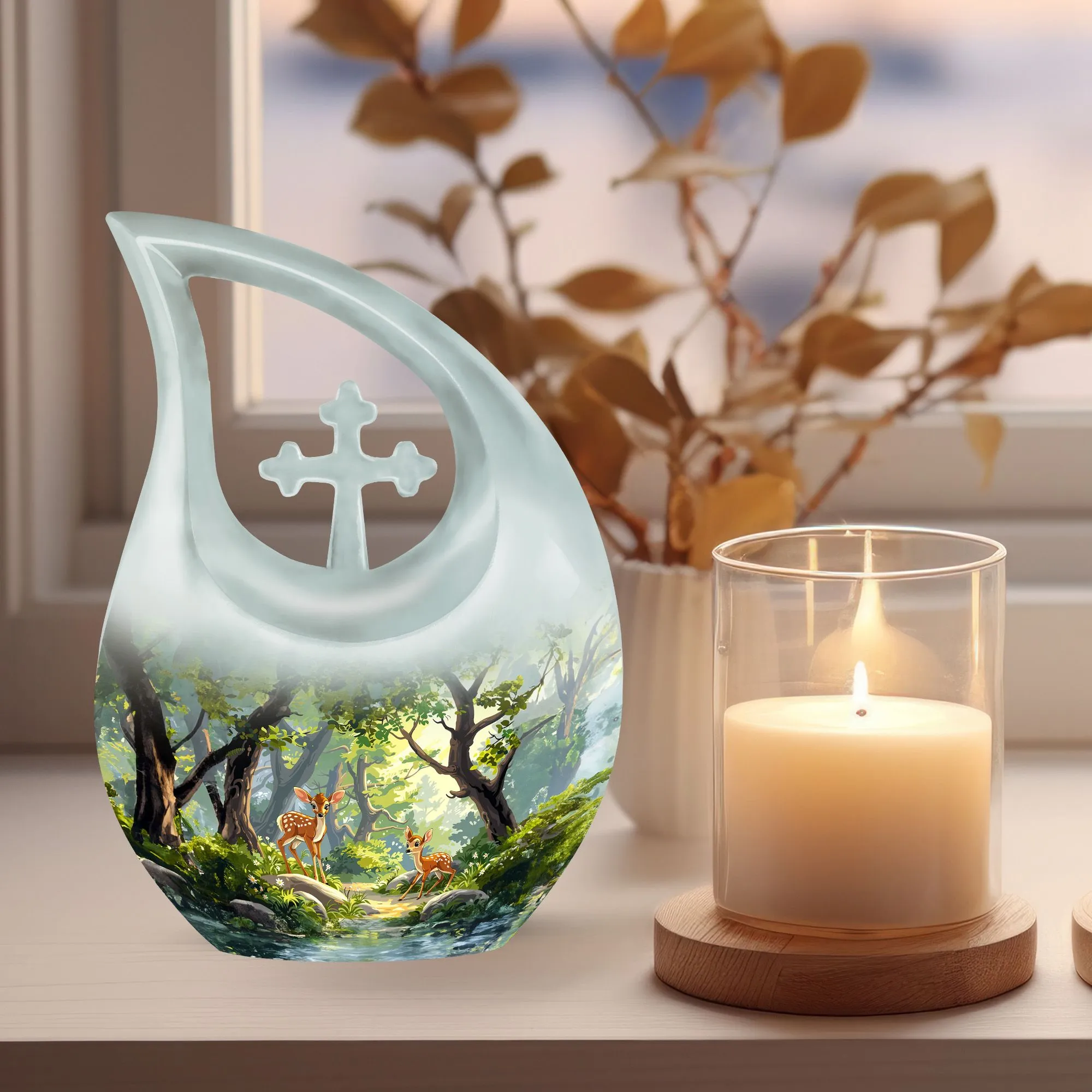 Deer Urn : Cross Drop Aluminium Memorial Urn For Human Ashes