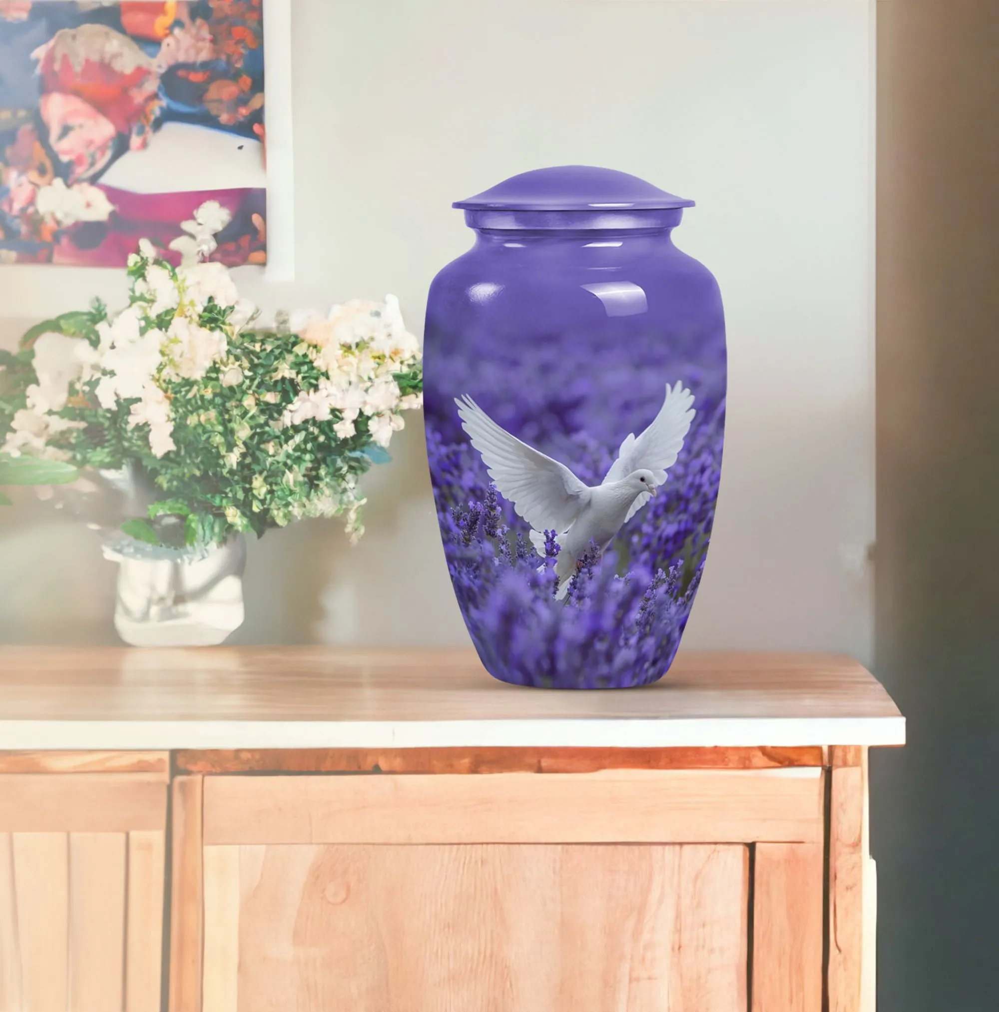 Divine Keepsake: White Dove on Purple, Adult Female Memorial Urn