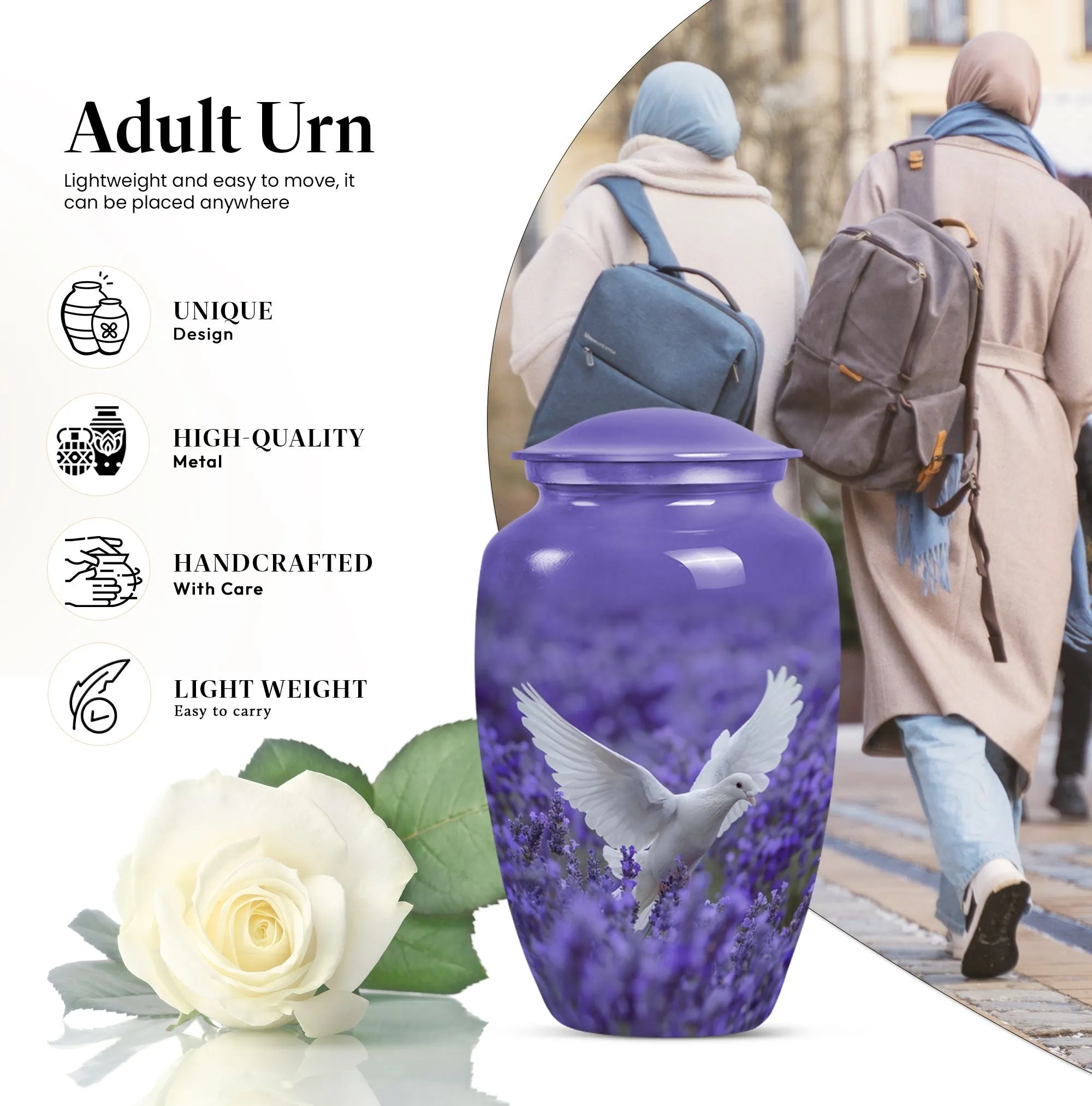 Divine Keepsake: White Dove on Purple, Adult Female Memorial Urn