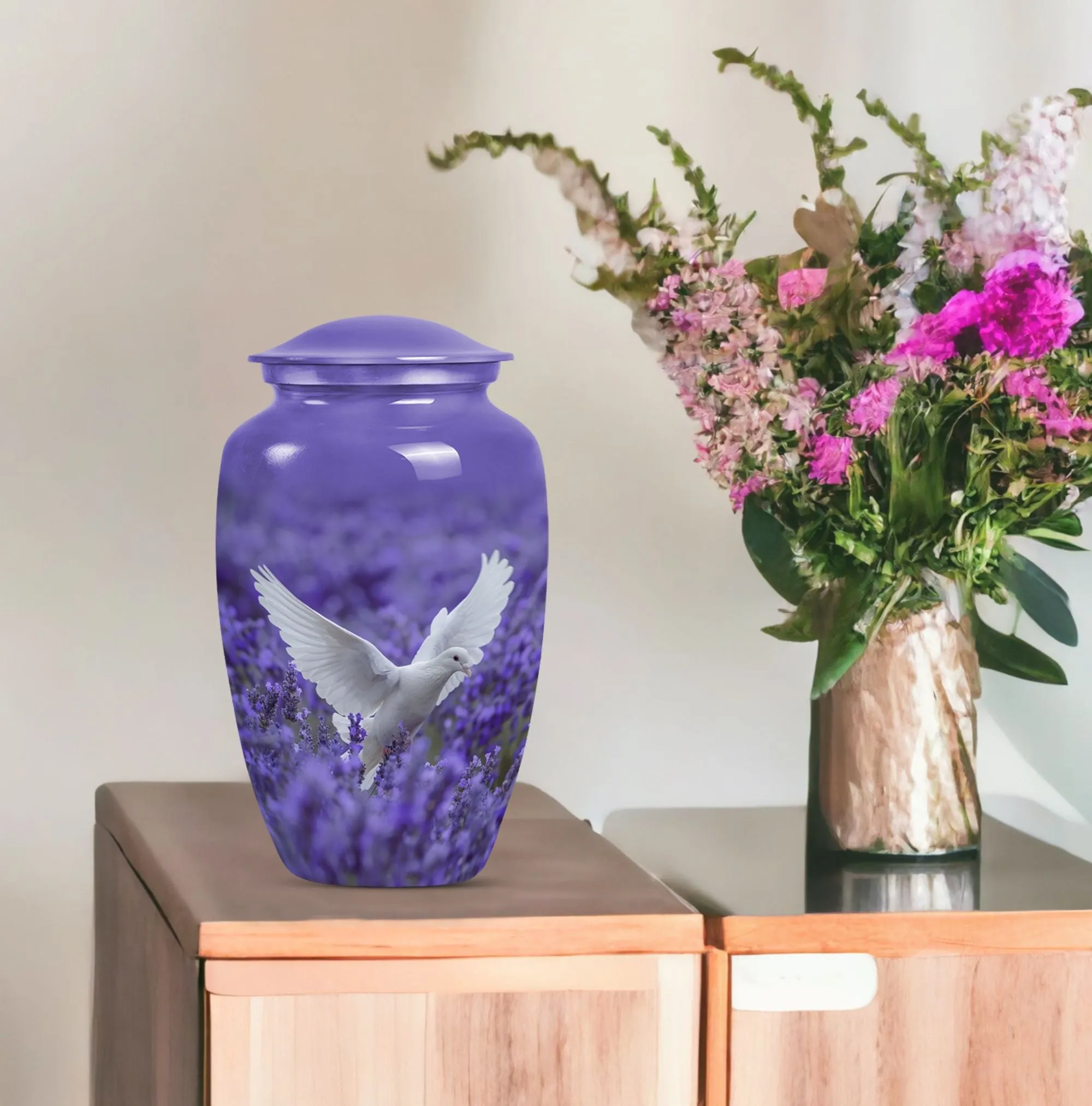 Divine Keepsake: White Dove on Purple, Adult Female Memorial Urn