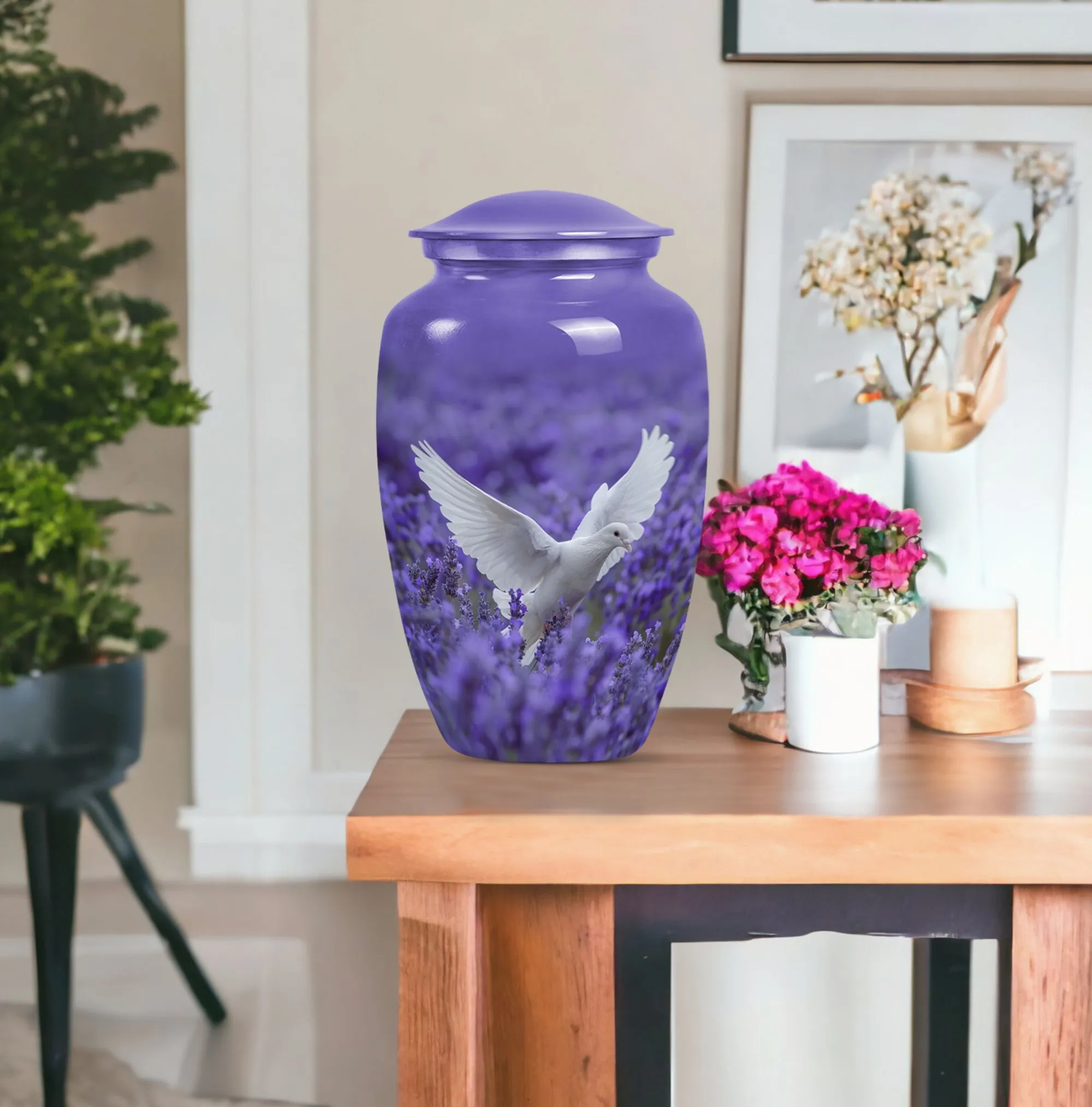 Divine Keepsake: White Dove on Purple, Adult Female Memorial Urn
