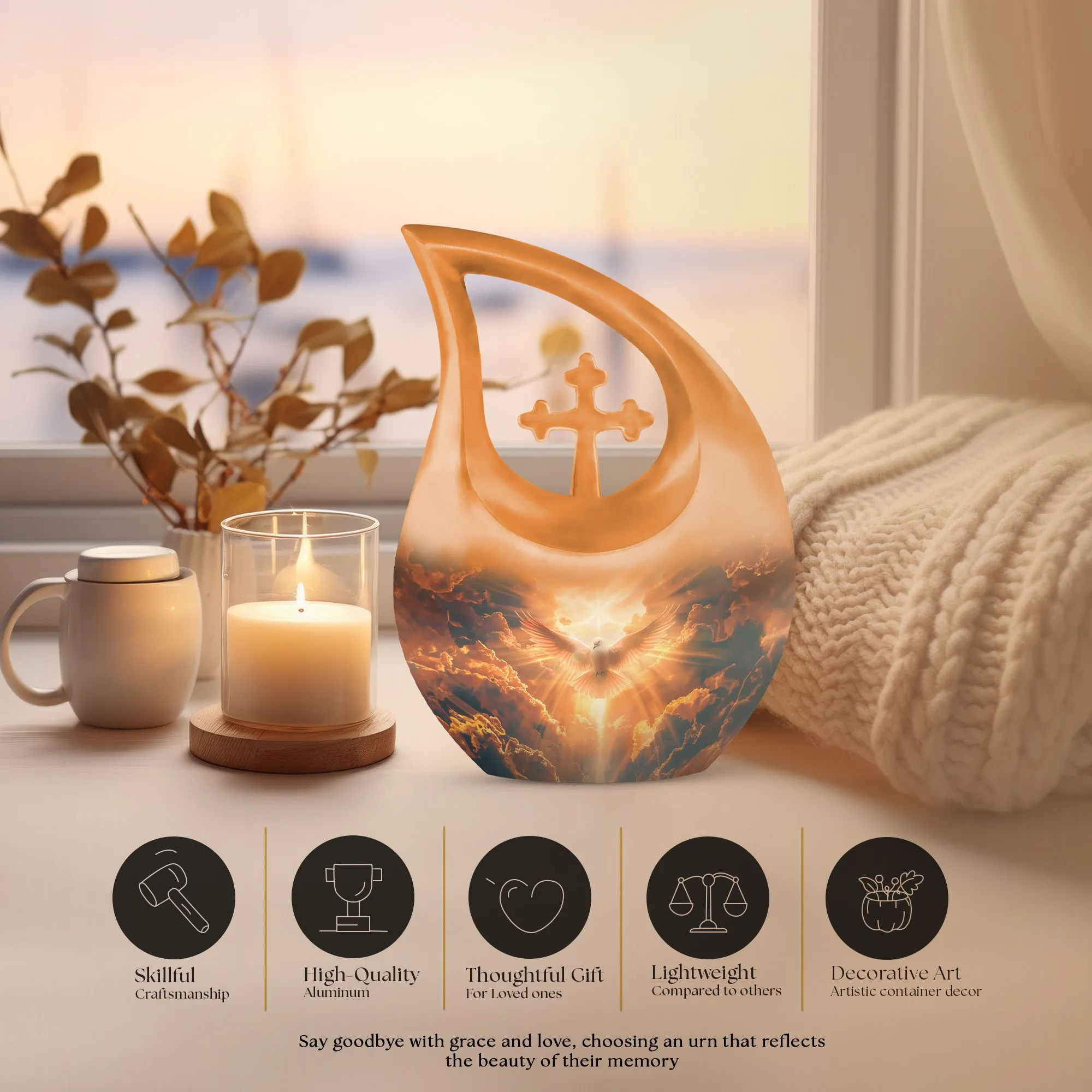 Dove: Commemorative Double Memorial Urn with Cross Drop Design
