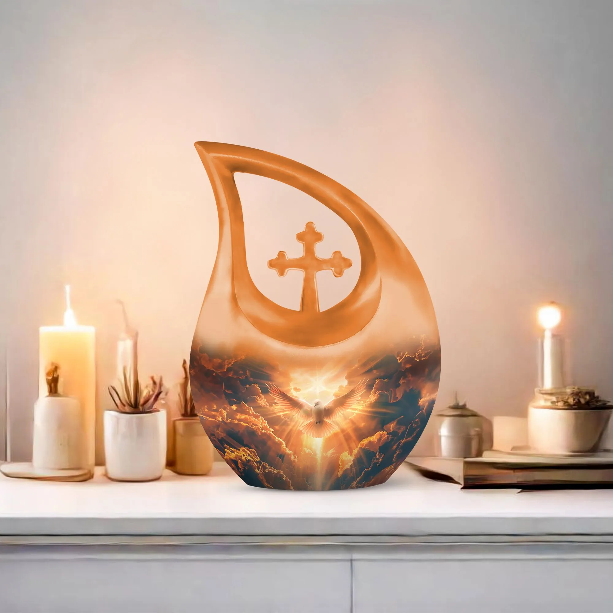 Dove: Commemorative Double Memorial Urn with Cross Drop Design