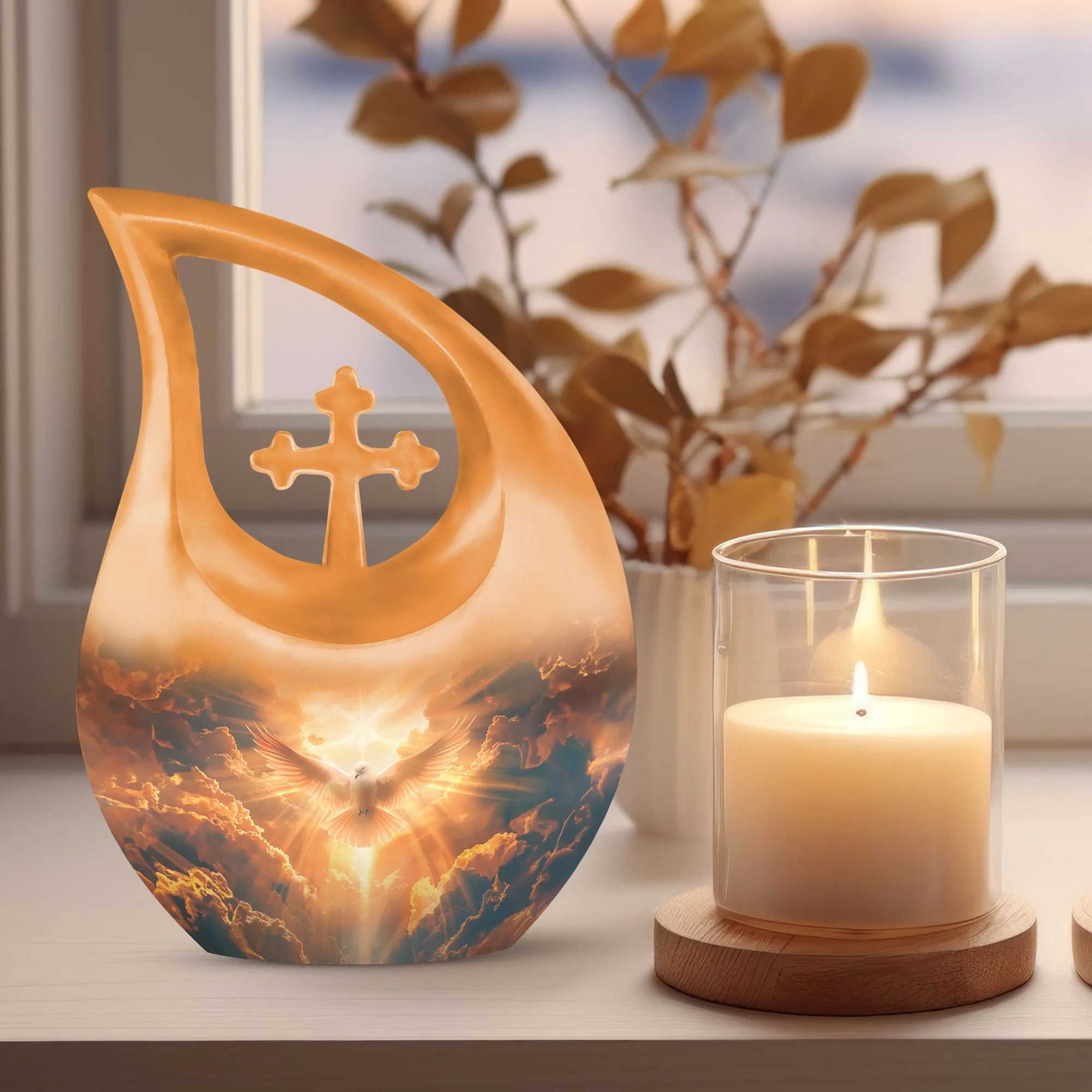 Dove: Commemorative Double Memorial Urn with Cross Drop Design