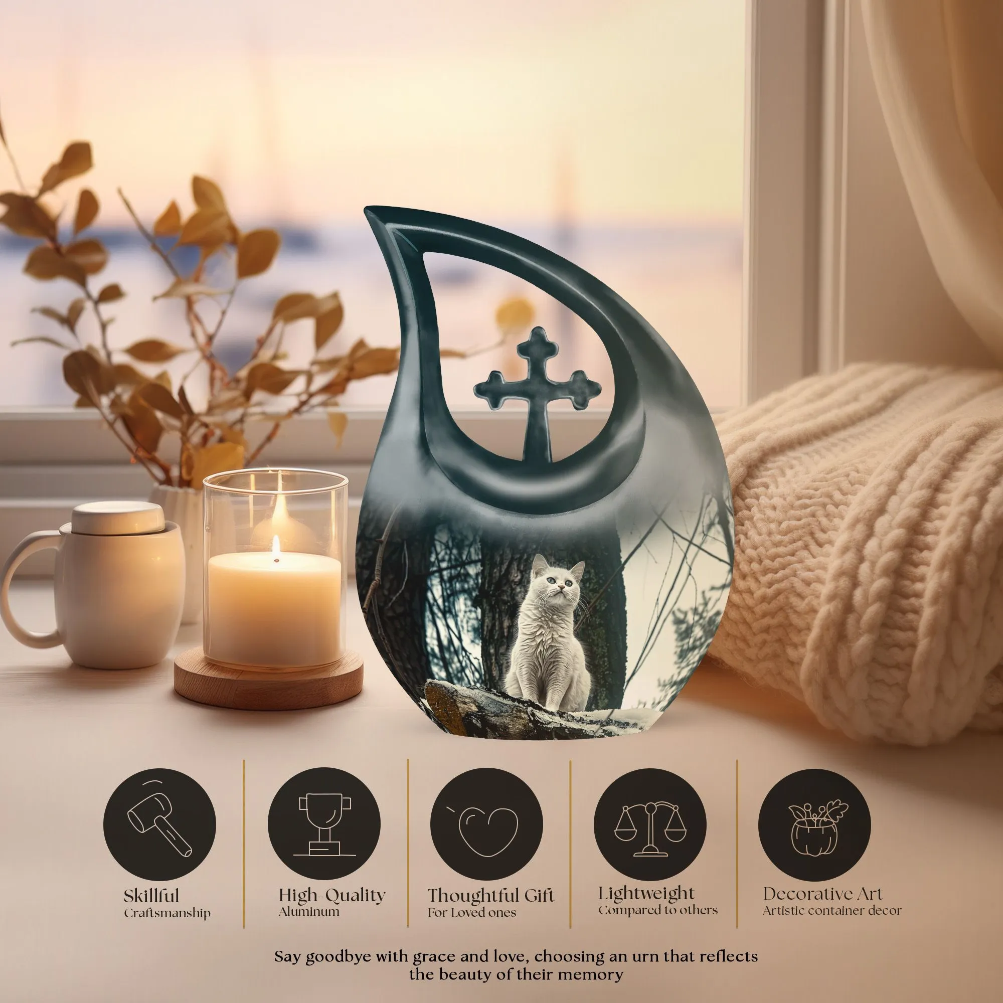 Elegant White Cat Memorial Urn: Memorial Keepsake Cremation Urn