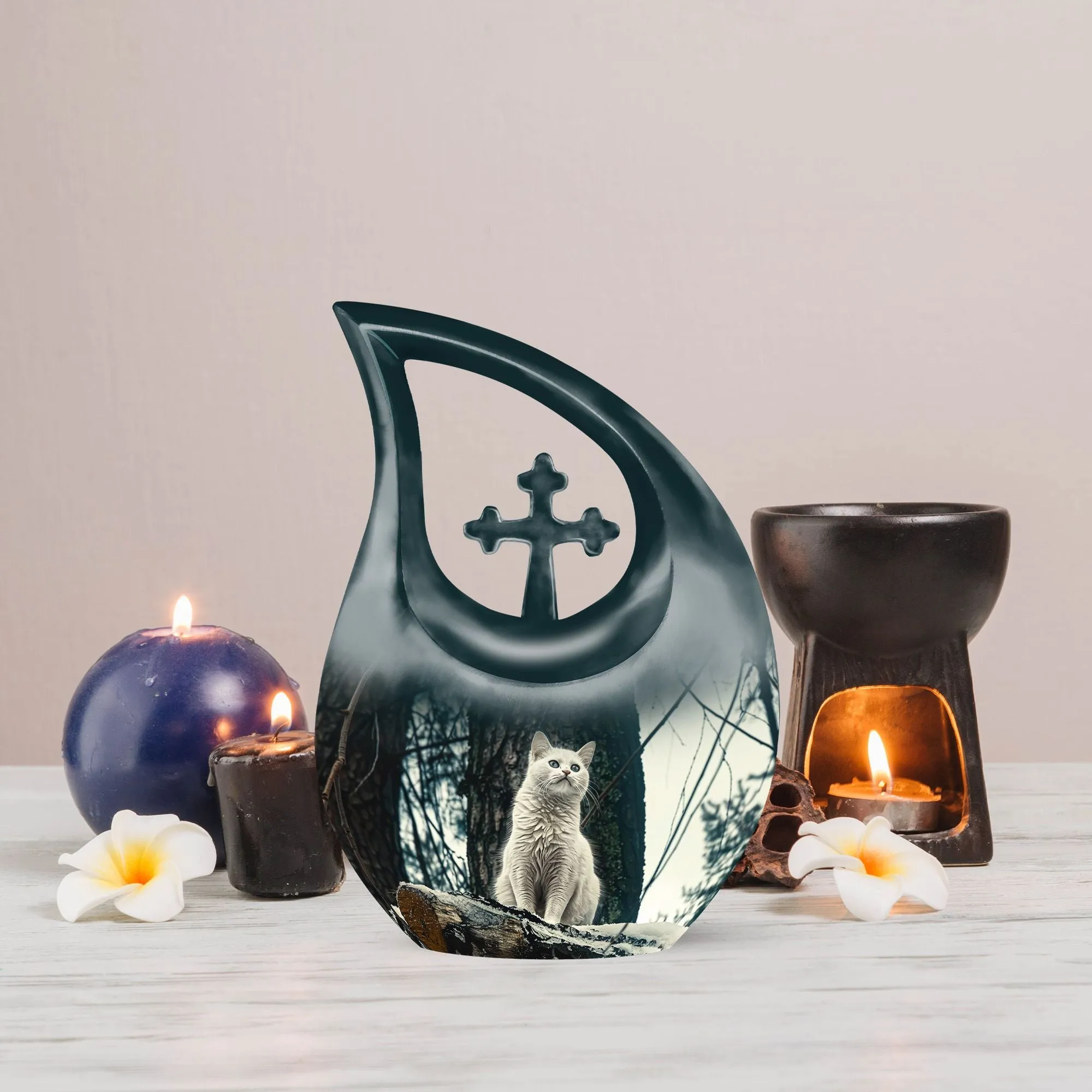 Elegant White Cat Memorial Urn: Memorial Keepsake Cremation Urn