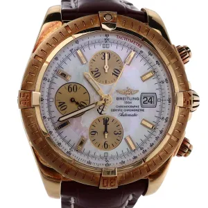 Estate Breitling 18 Karat Yellow Gold Gents Chronomat Evolution 43.7mm MOP Dial Gold Sub Dials Brown Croc Tang Strap K1335611 With Box