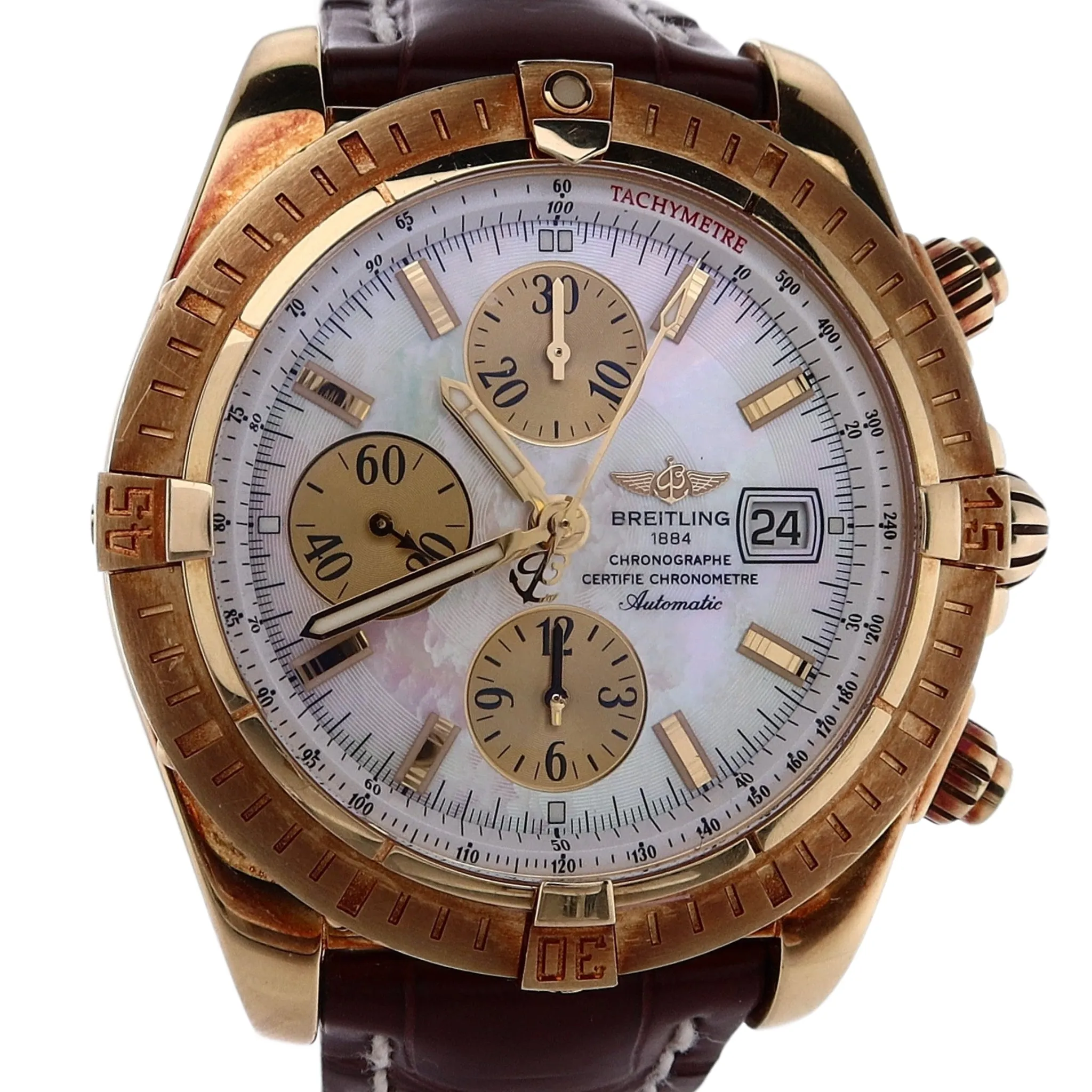 Estate Breitling 18 Karat Yellow Gold Gents Chronomat Evolution 43.7mm MOP Dial Gold Sub Dials Brown Croc Tang Strap K1335611 With Box