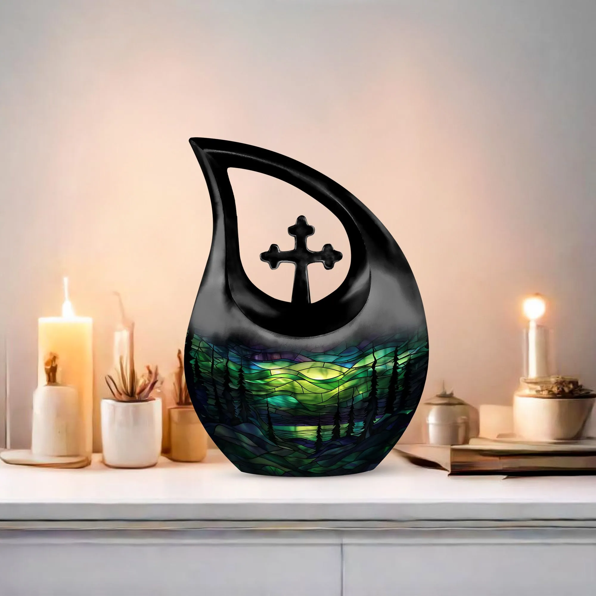 Extra Large Stained Glass Eternal Rest Cross Drop Memorial Urn