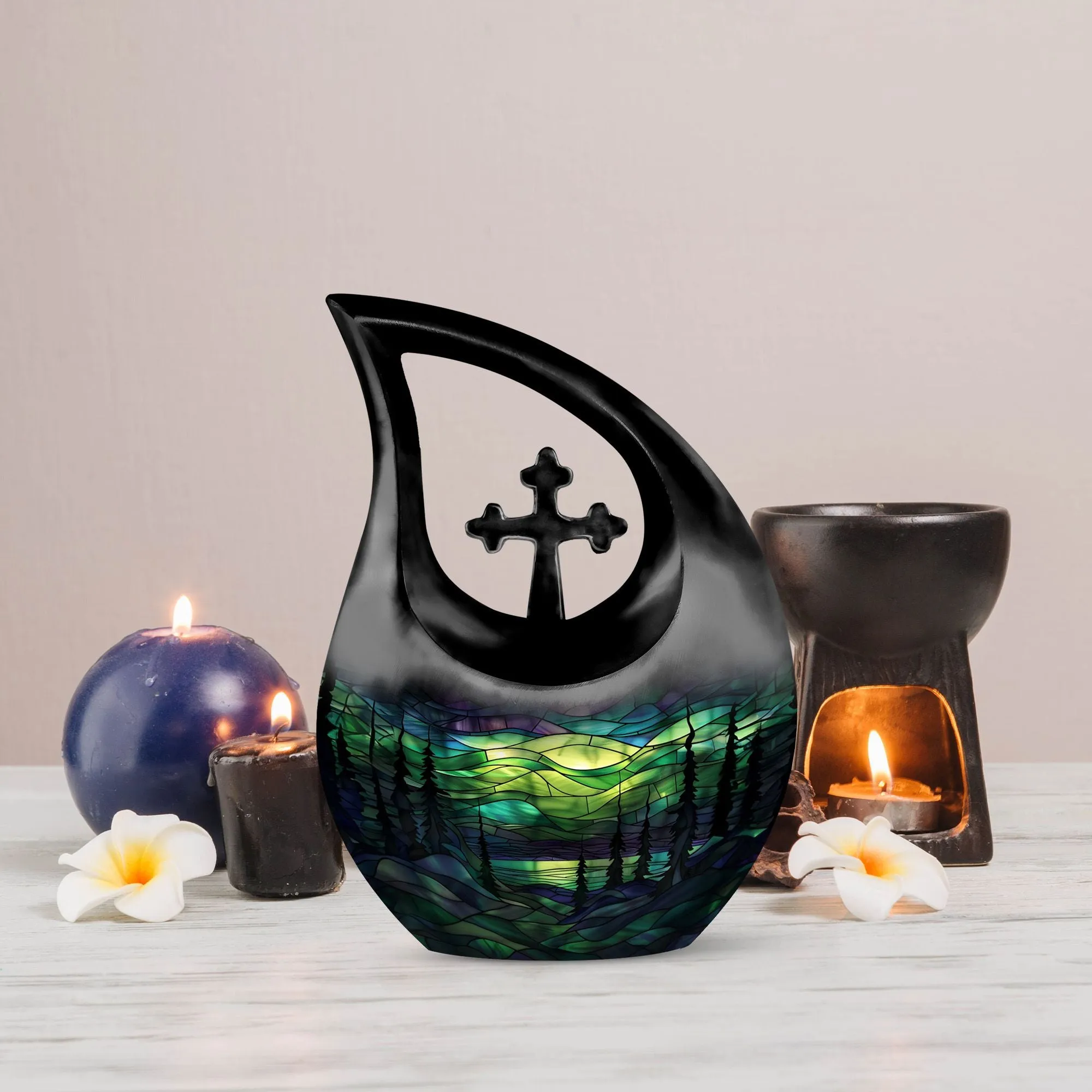 Extra Large Stained Glass Eternal Rest Cross Drop Memorial Urn