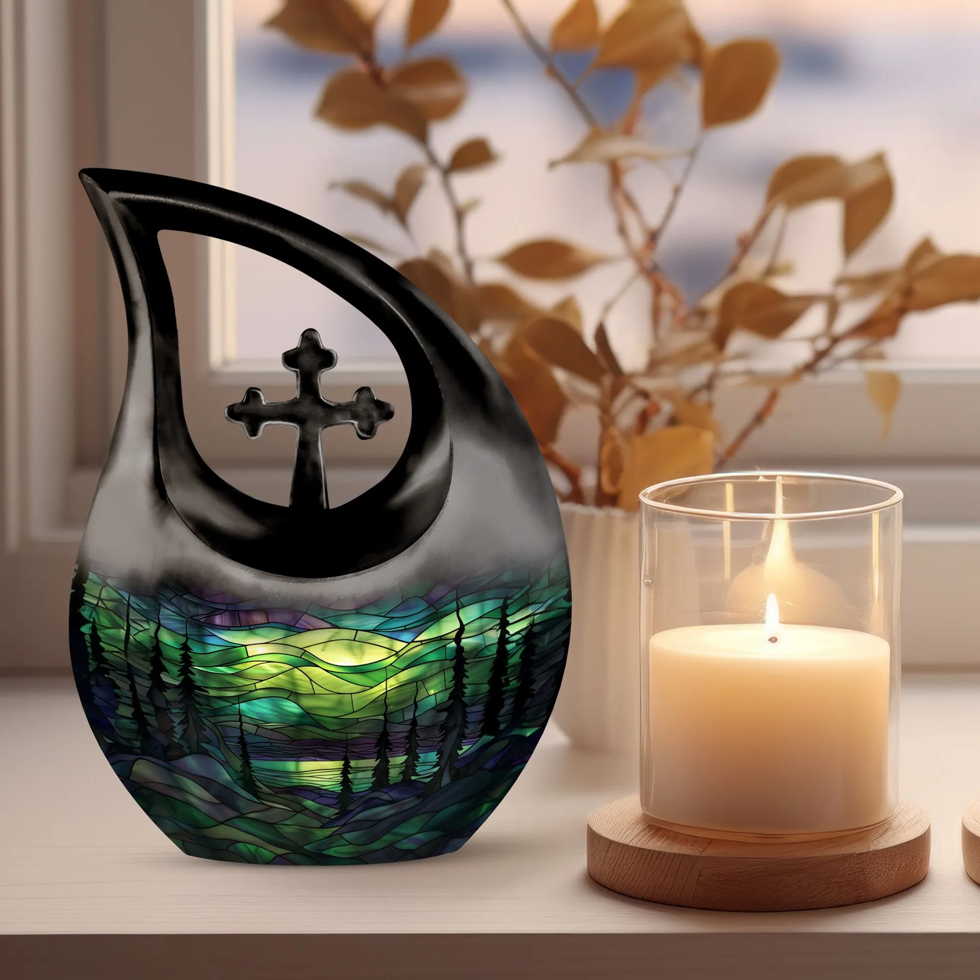 Extra Large Stained Glass Eternal Rest Cross Drop Memorial Urn