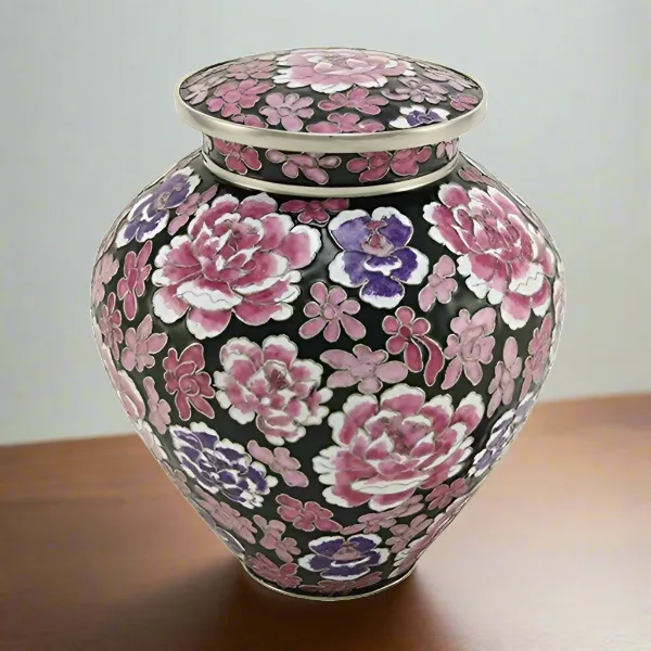 Filigree Cloisonné Floral Pink Cremation Urn in Large
