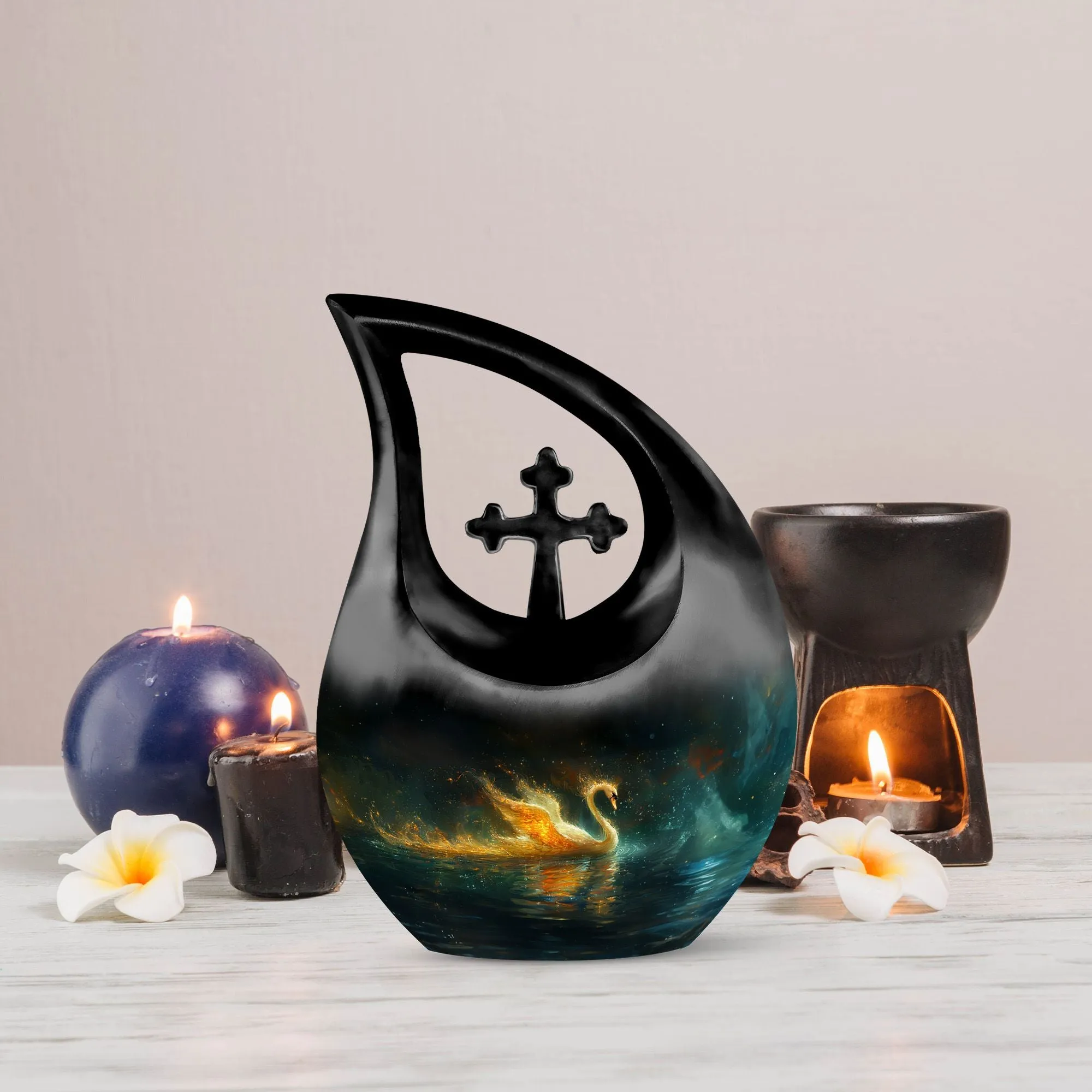 Fire Swan Memorial Urn: Large, Aluminium Cremation Keepsake
