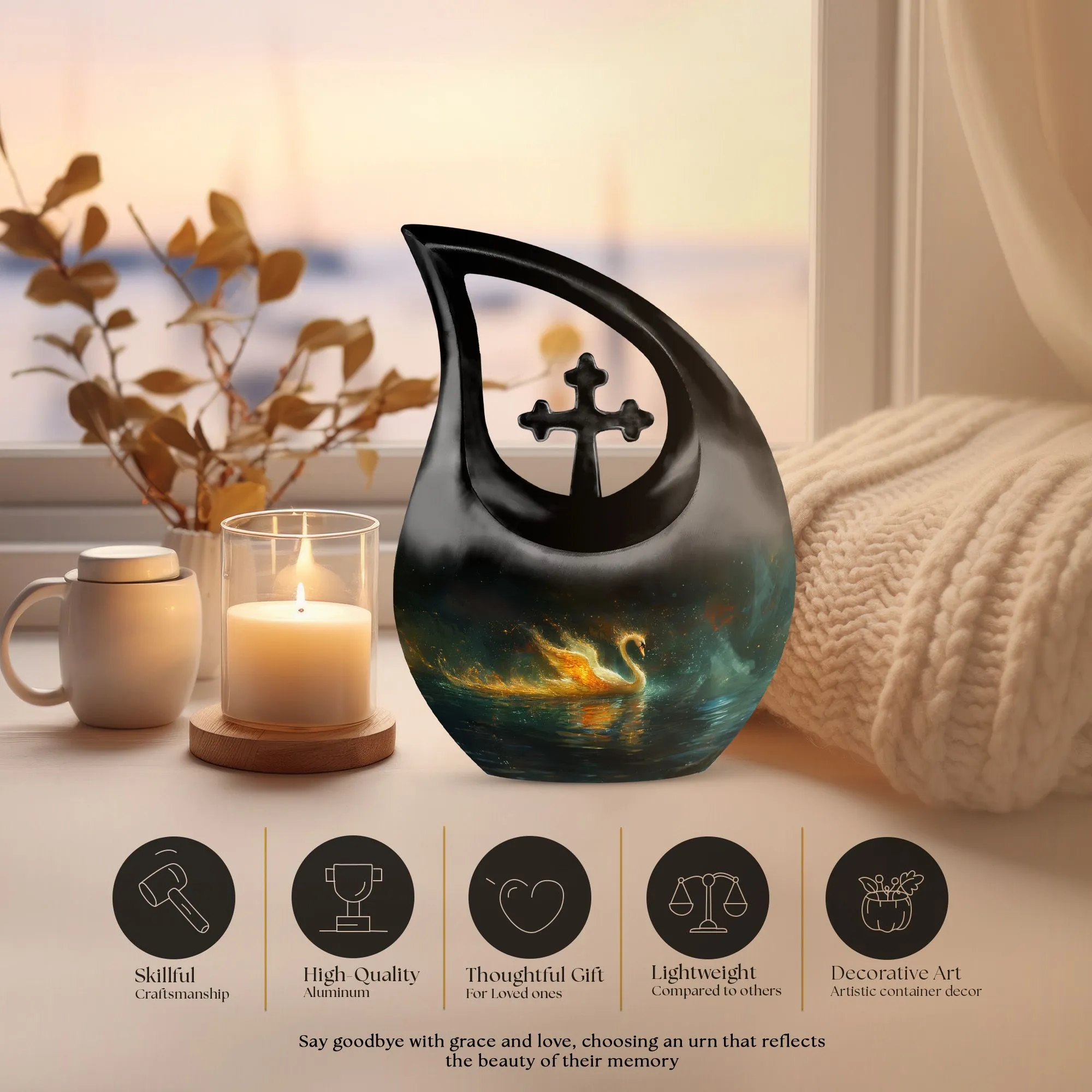 Fire Swan Memorial Urn: Large, Aluminium Cremation Keepsake