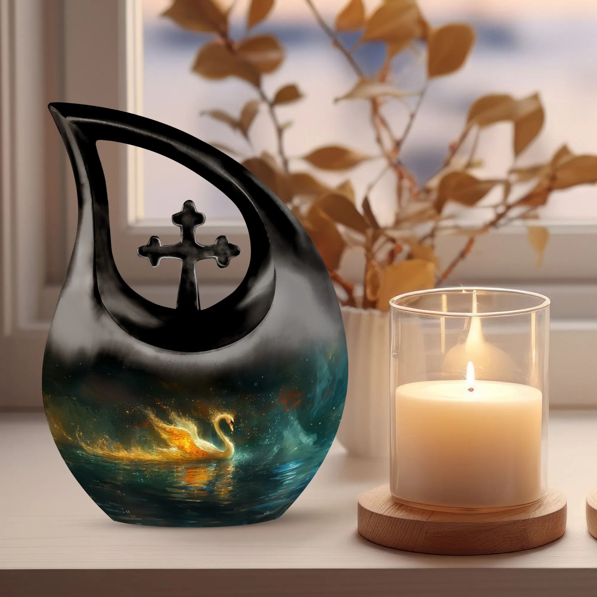 Fire Swan Memorial Urn: Large, Aluminium Cremation Keepsake
