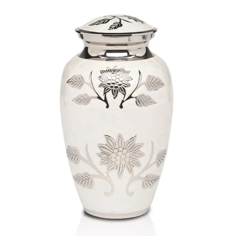 Floral Symphony Brass Urn in White with Hand Carved Flower Art