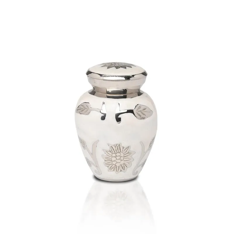 Floral Symphony Brass Urn in White with Hand Carved Flower Art