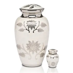 Floral Symphony Brass Urn in White with Hand Carved Flower Art