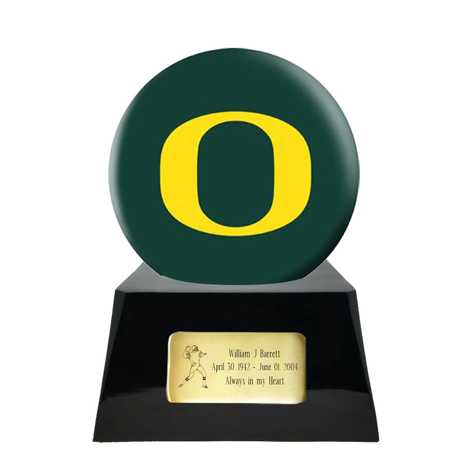 Football Cremation Urn with Optional Oregon Ducks Ball Decor and Custom Metal Plaque