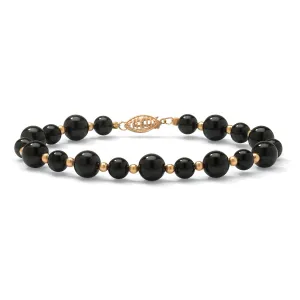 Genuine Black Onyx Solid 10k Yellow Gold Round Beaded Bracelet 8"