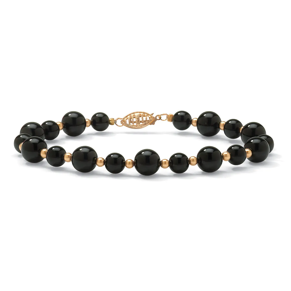 Genuine Black Onyx Solid 10k Yellow Gold Round Beaded Bracelet 8"