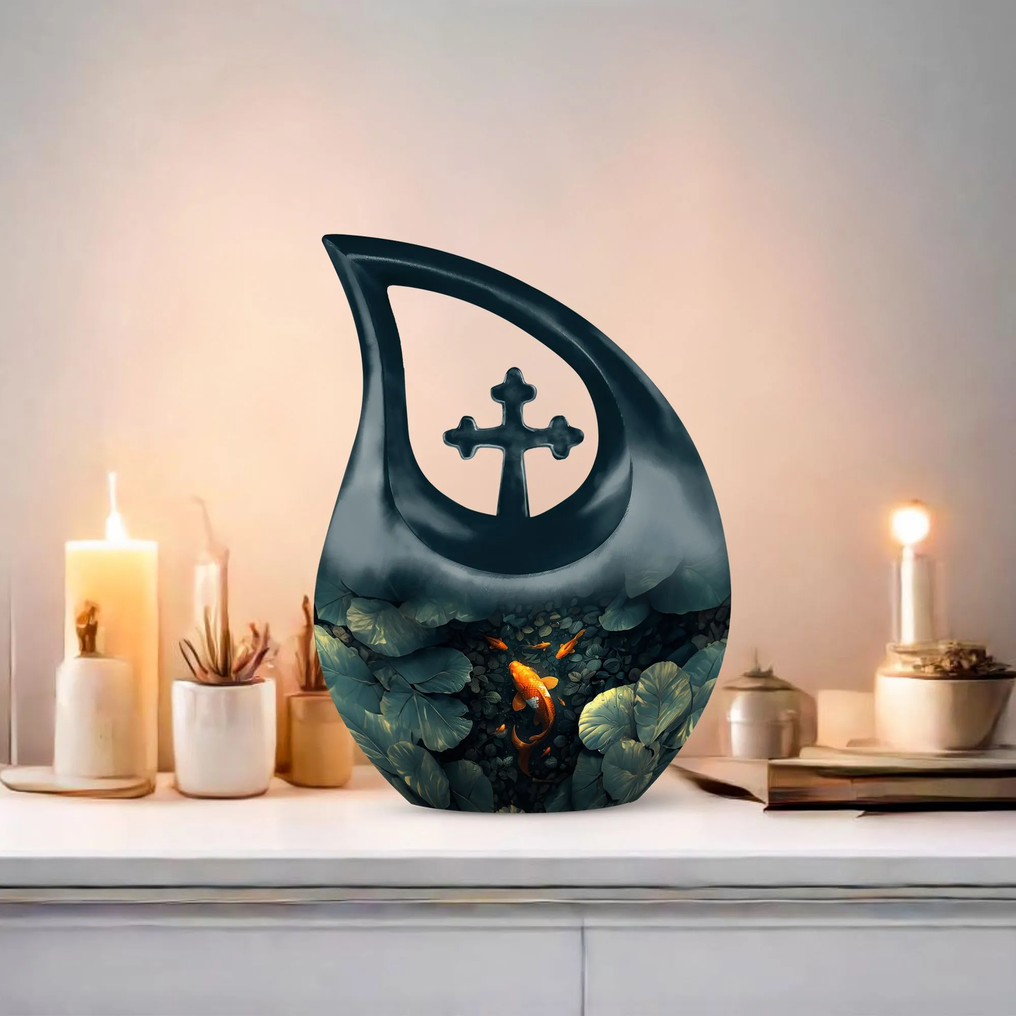 Gold Fish Cross Drop Memorial Urn For Adult Human Ashes