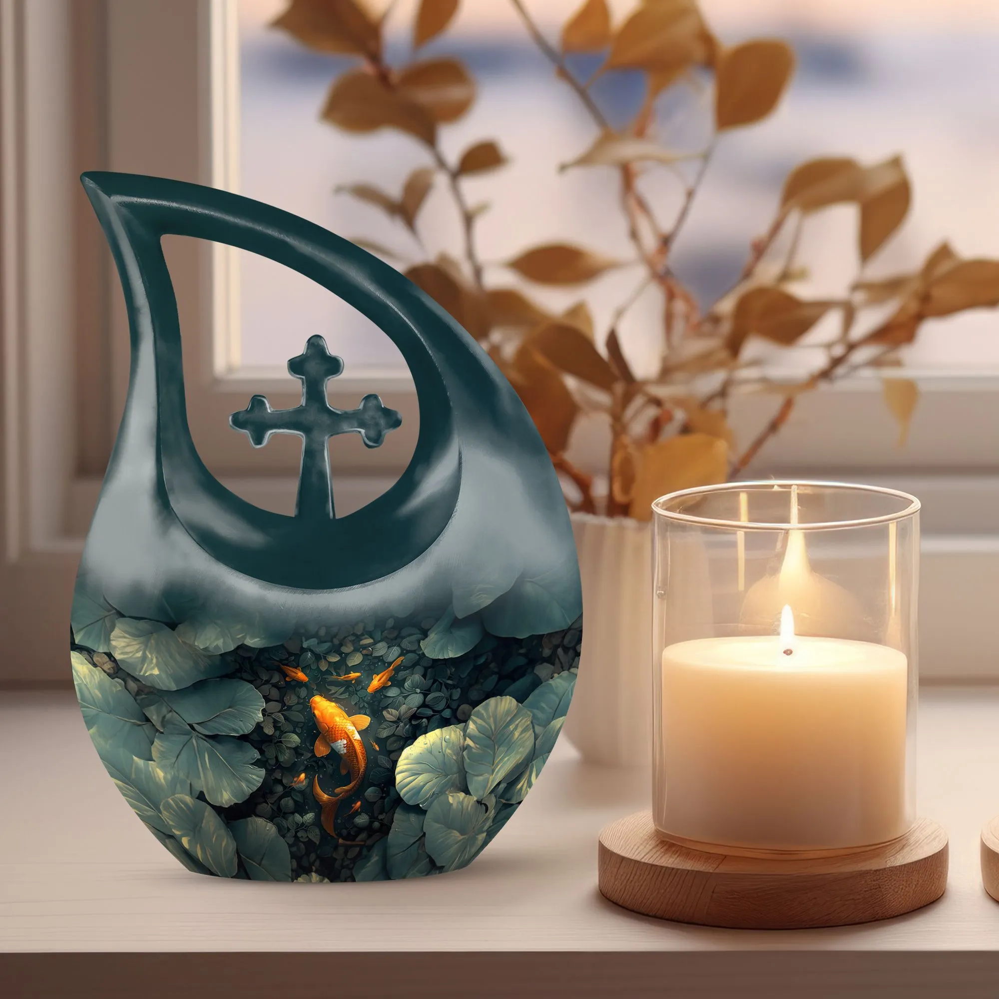 Gold Fish Cross Drop Memorial Urn For Adult Human Ashes
