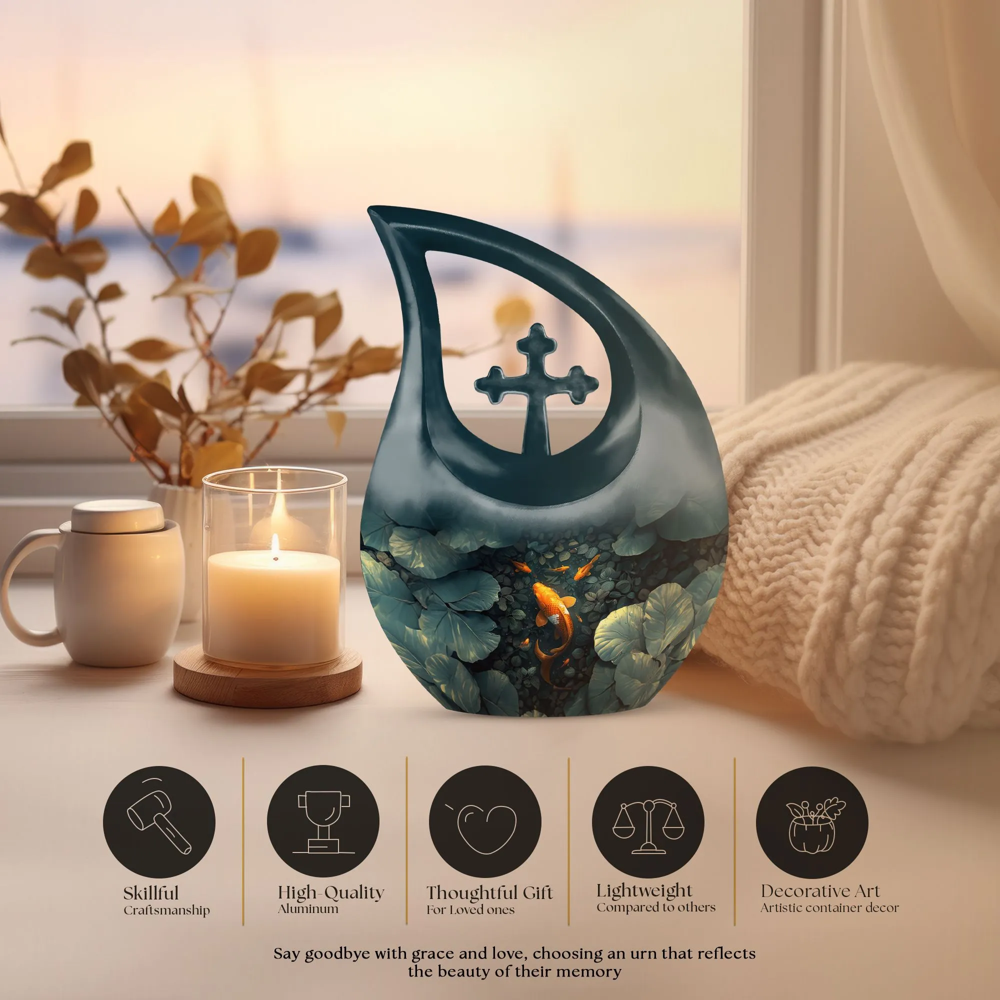 Gold Fish Cross Drop Memorial Urn For Adult Human Ashes