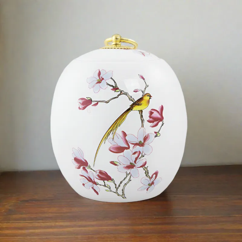Golden Bird Ceramic Urn In Medium