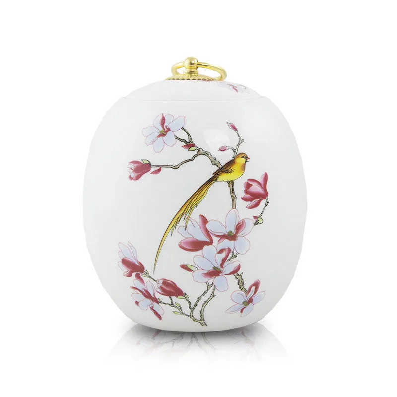 Golden Bird Ceramic Urn In Medium