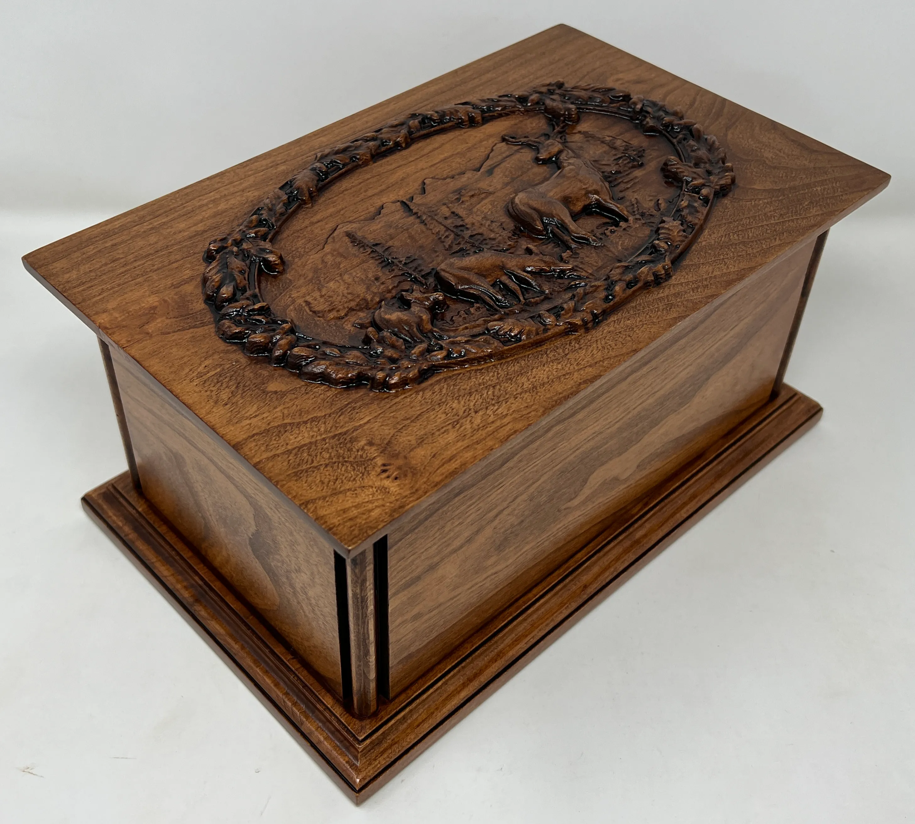 Hand-Carved Cremation Urn with Deer Mountain Scene