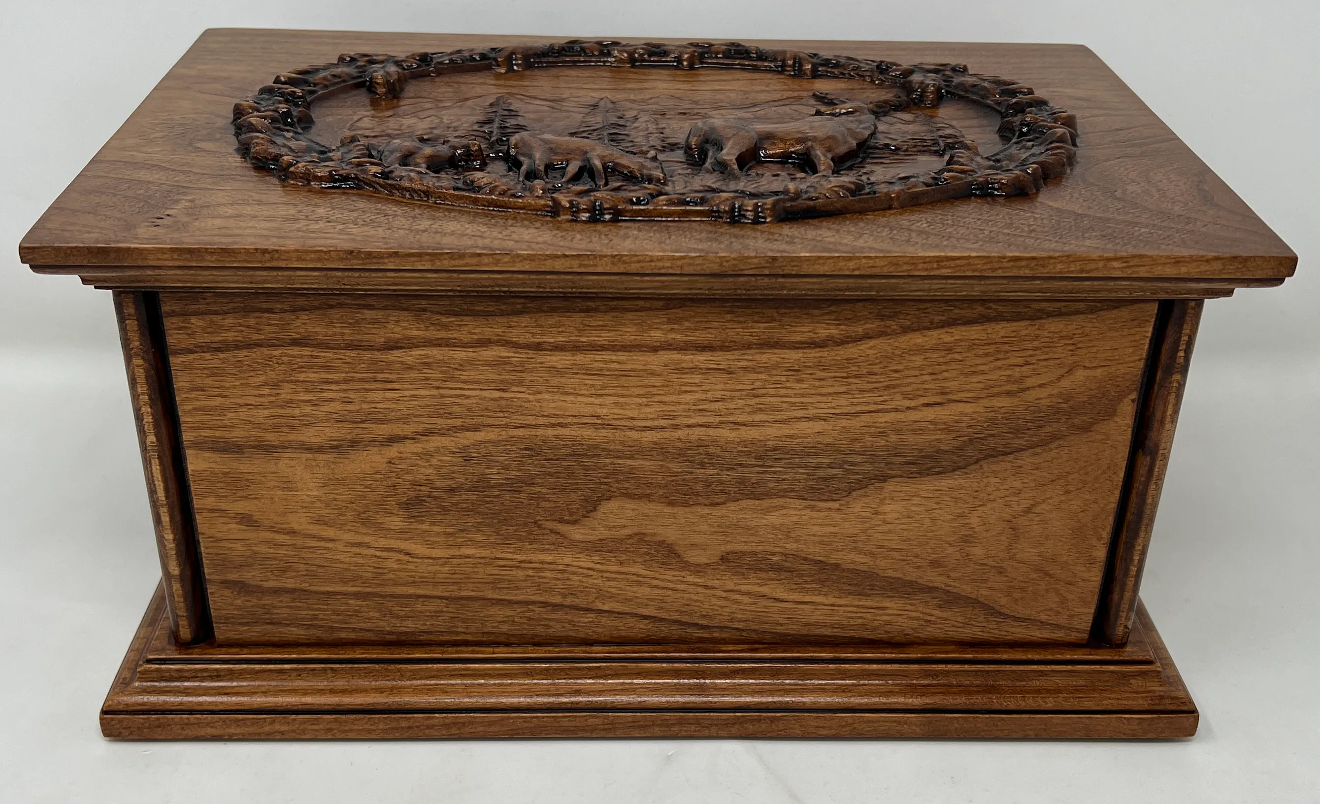 Hand-Carved Cremation Urn with Deer Mountain Scene