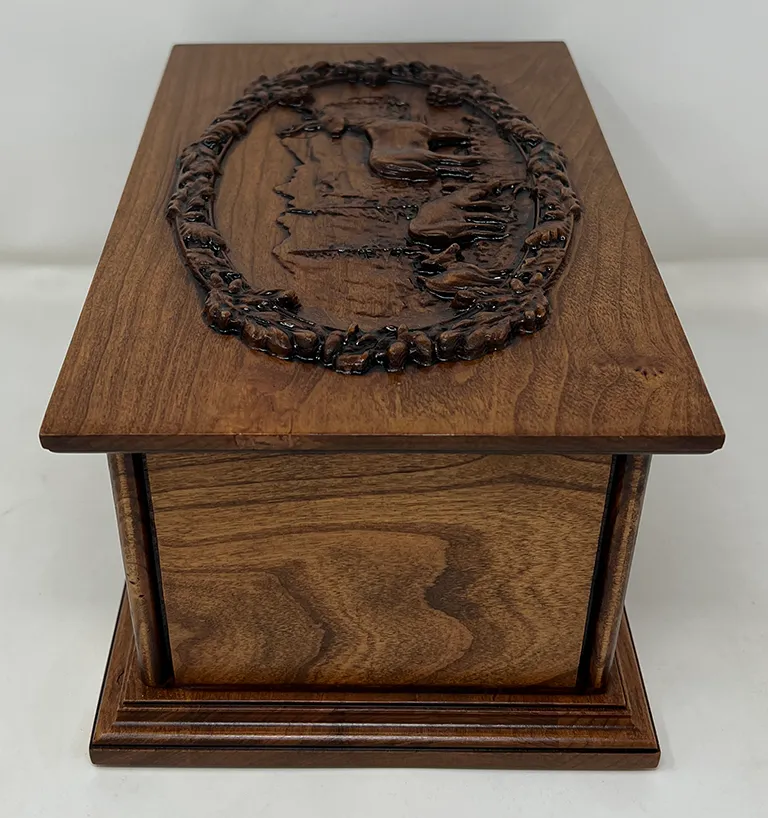 Hand-Carved Cremation Urn with Deer Mountain Scene