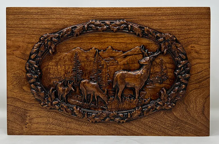 Hand-Carved Cremation Urn with Deer Mountain Scene