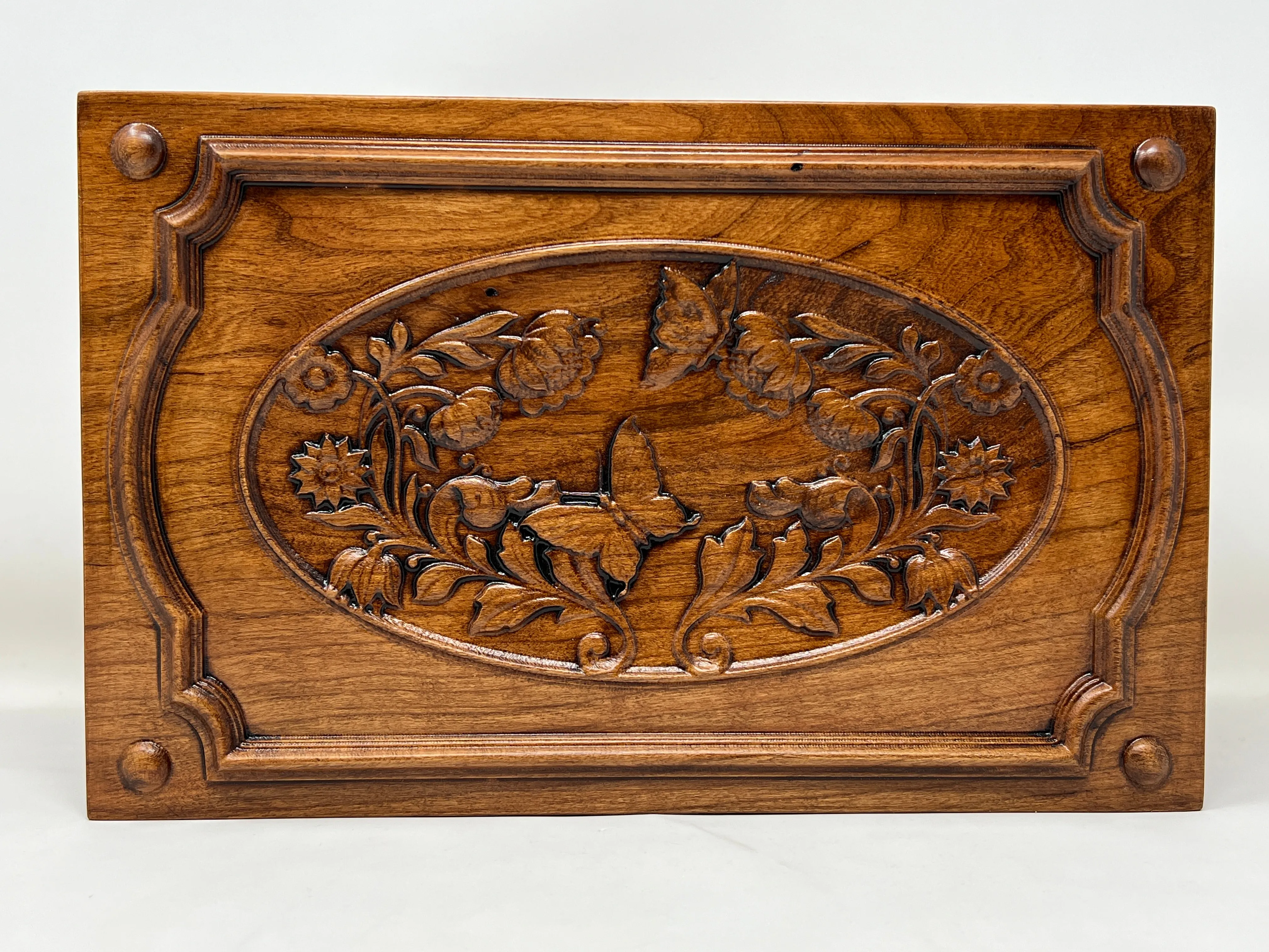 Hand-Carved Cremation Urn with Flowers and Butterflies