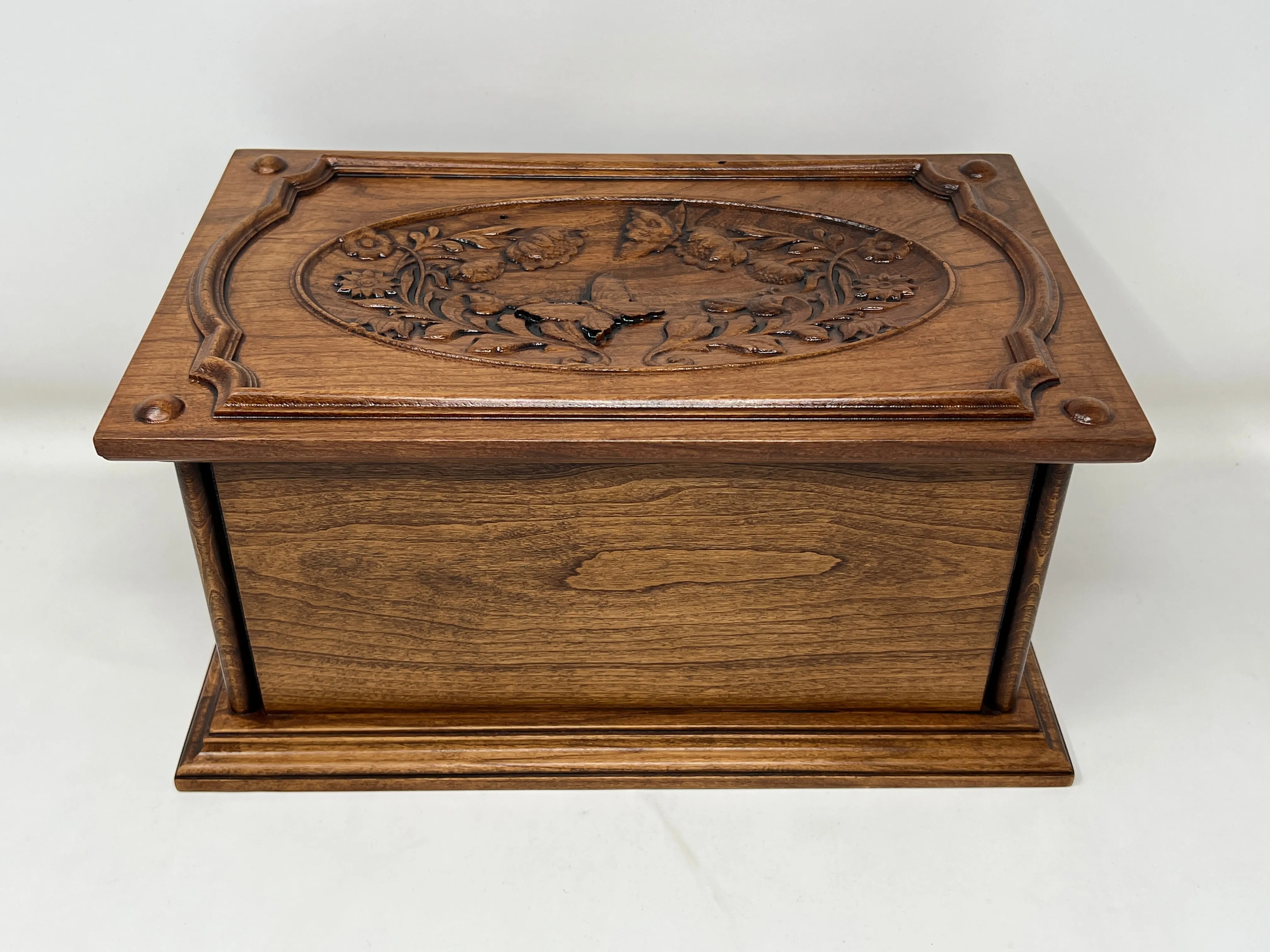 Hand-Carved Cremation Urn with Flowers and Butterflies