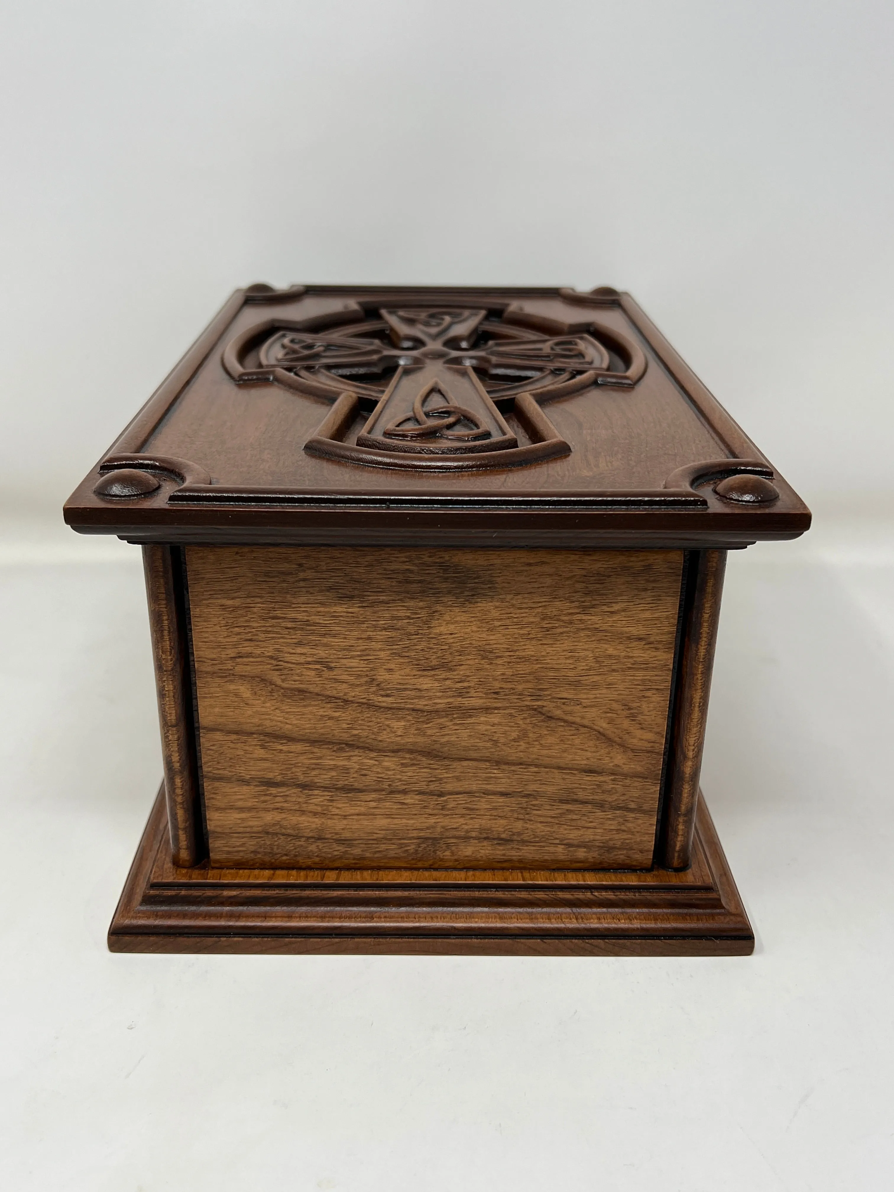 Hand-Carved Cremation Urn with Trinity Knot Celtic Cross