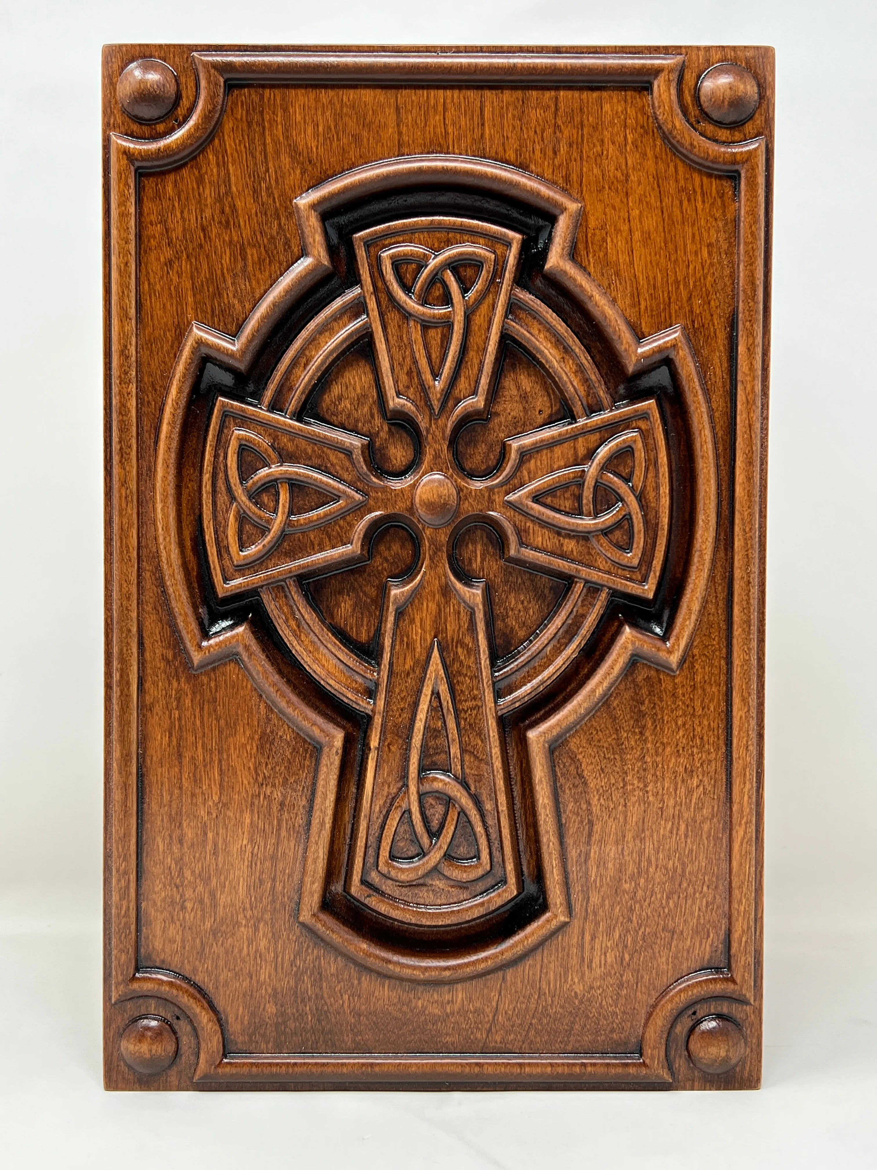 Hand-Carved Cremation Urn with Trinity Knot Celtic Cross
