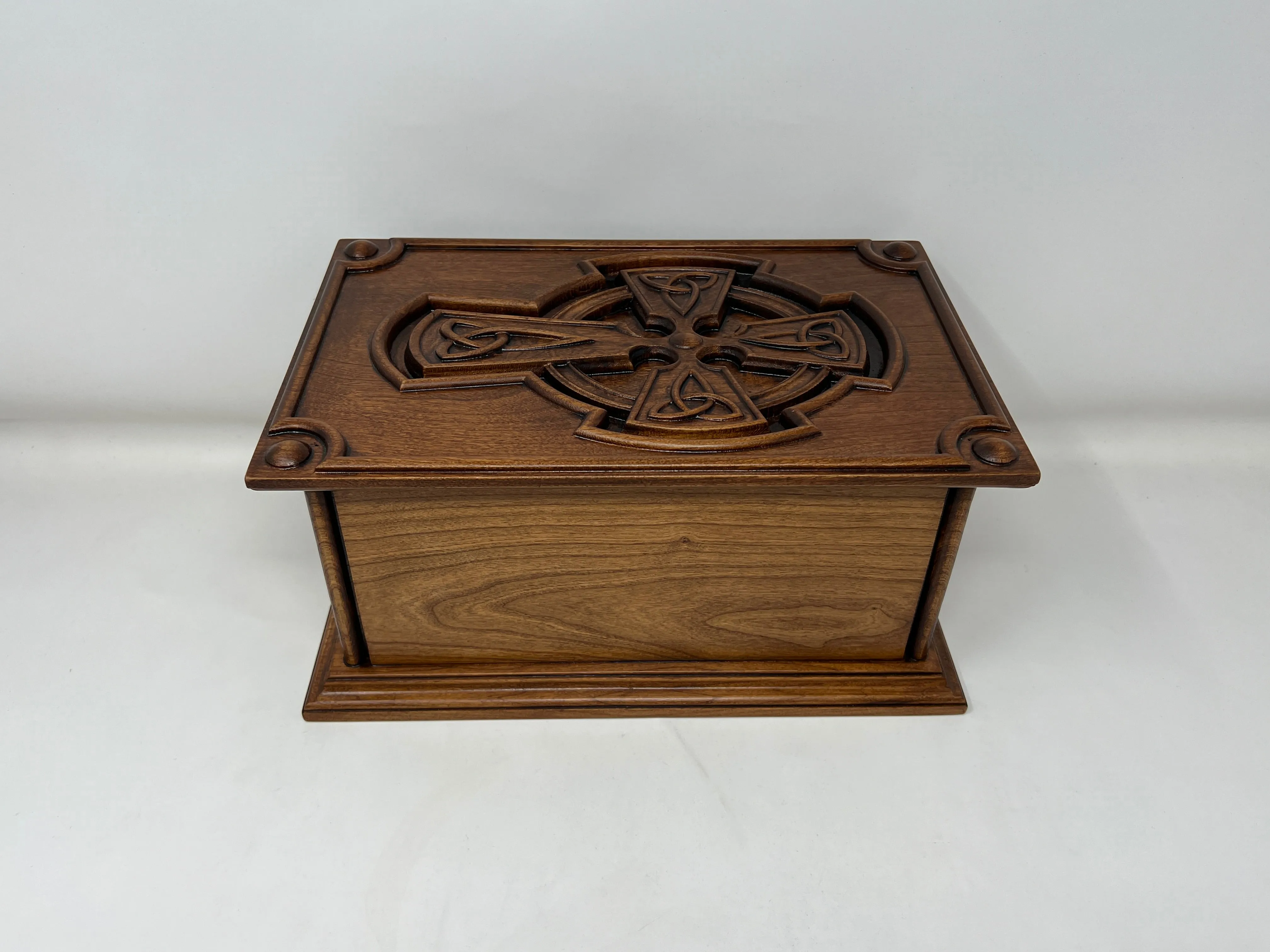 Hand-Carved Cremation Urn with Trinity Knot Celtic Cross