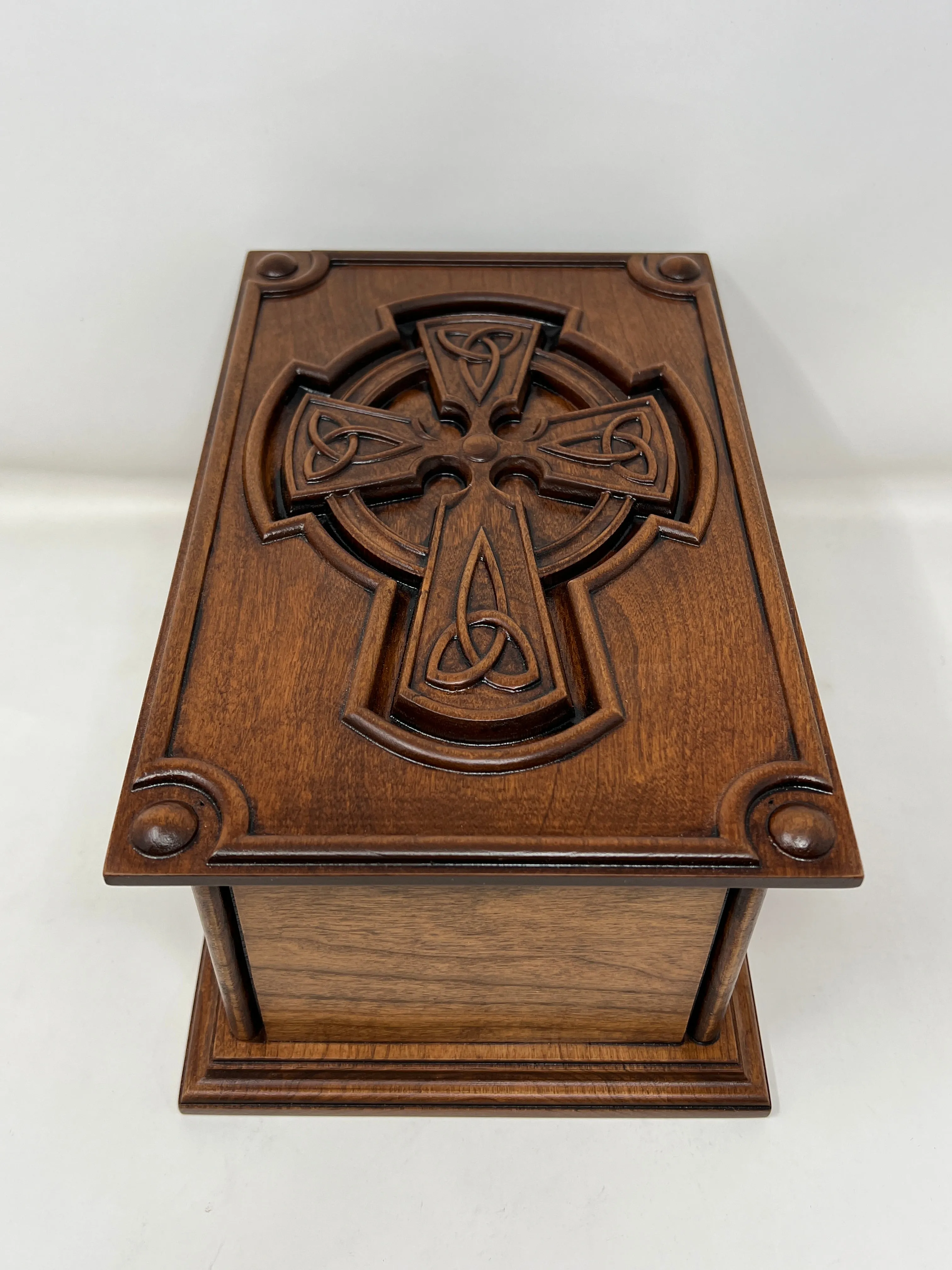 Hand-Carved Cremation Urn with Trinity Knot Celtic Cross