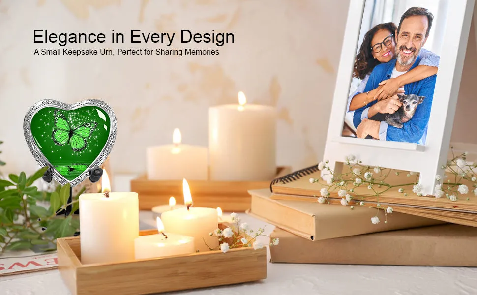 Heart Shaped Small Keepsake Cremation Urns for Human Ashes - Green Butterfly