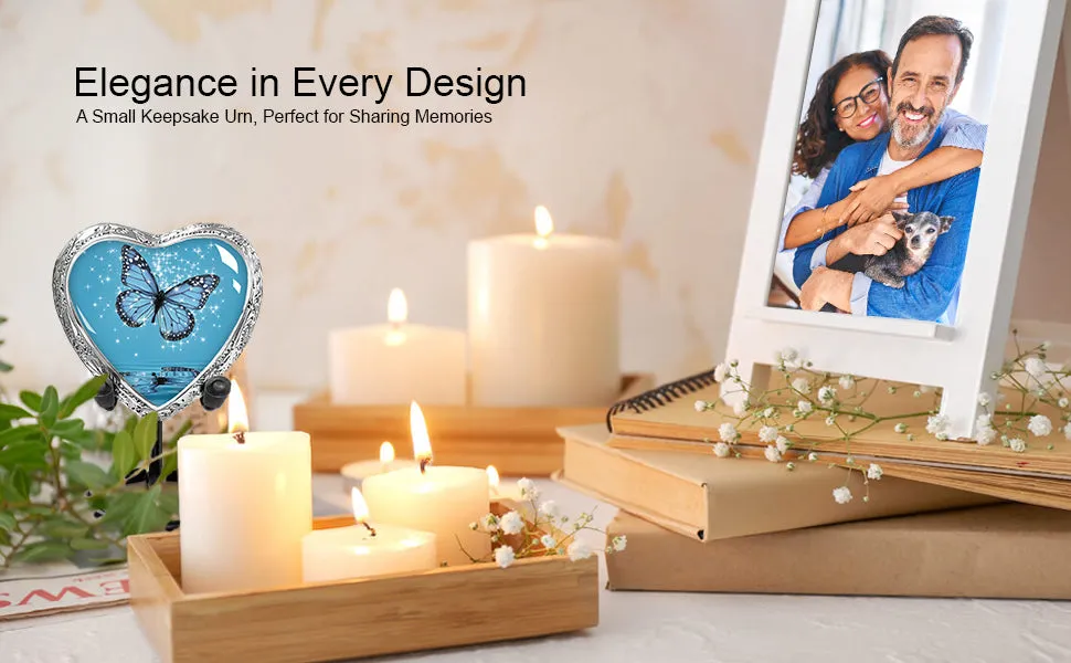 Heart Shaped Small Keepsake Cremation Urns for Human Ashes - Light Blue Butterfly