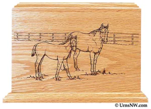 Horses Scene Wood Cremation Urn