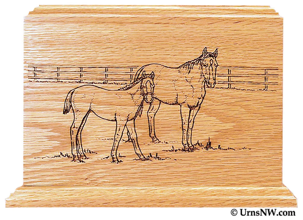 Horses Scene Wood Cremation Urn
